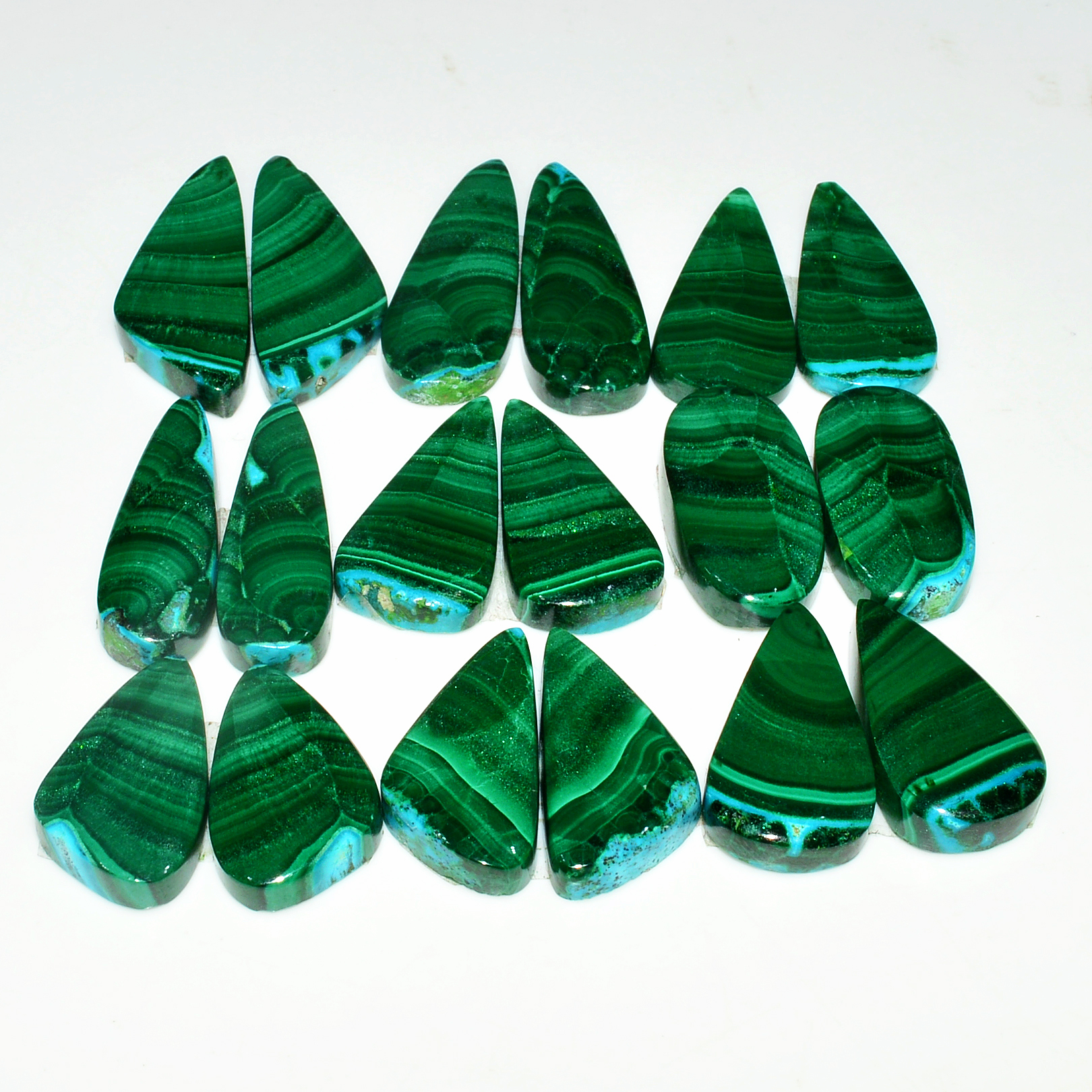 9 Pairs 233Cts Natural Malachite Loose Gemstone Cabochon Pair Lot for Silver Earrings 30x10 22x12mm 19054