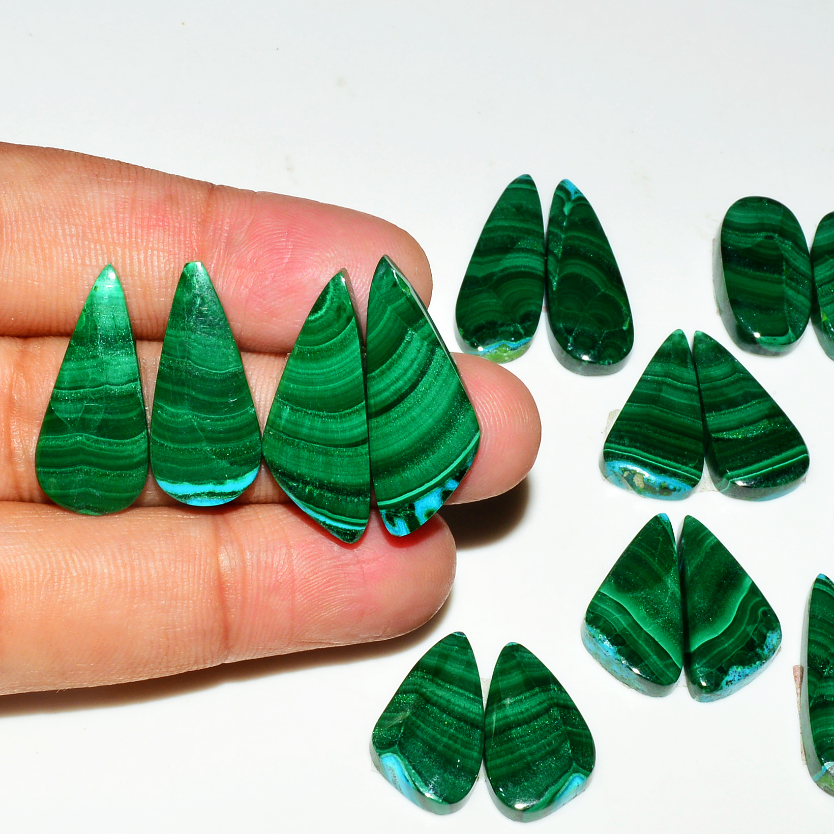 9 Pairs 233Cts Natural Malachite Loose Gemstone Cabochon Pair Lot for Silver Earrings 30x10 22x12mm 19054