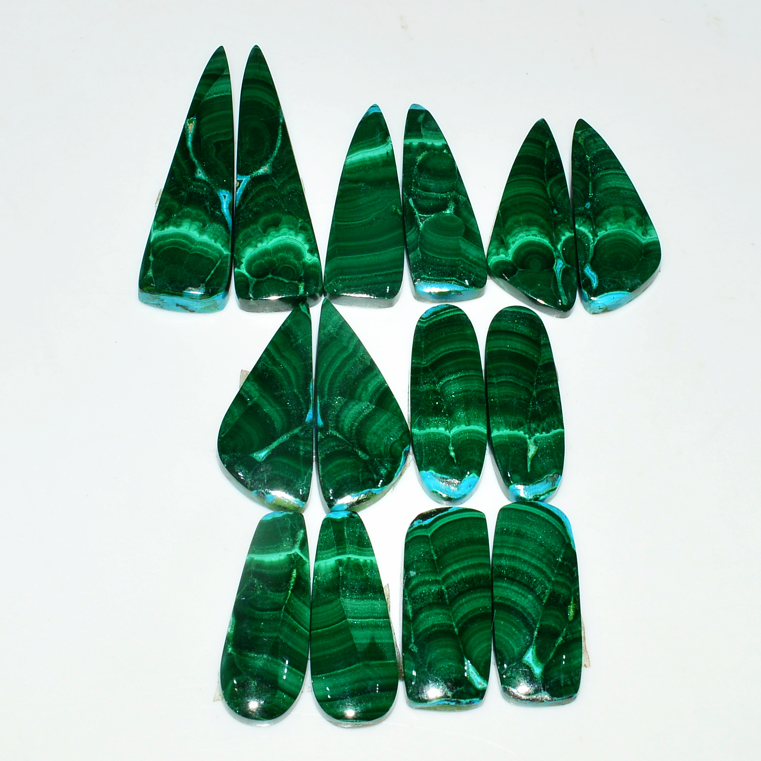 7 Pairs 232Cts Natural Malachite Loose Gemstone Cabochon Pair Lot for Silver Earrings 40x10 28x10mm 19055