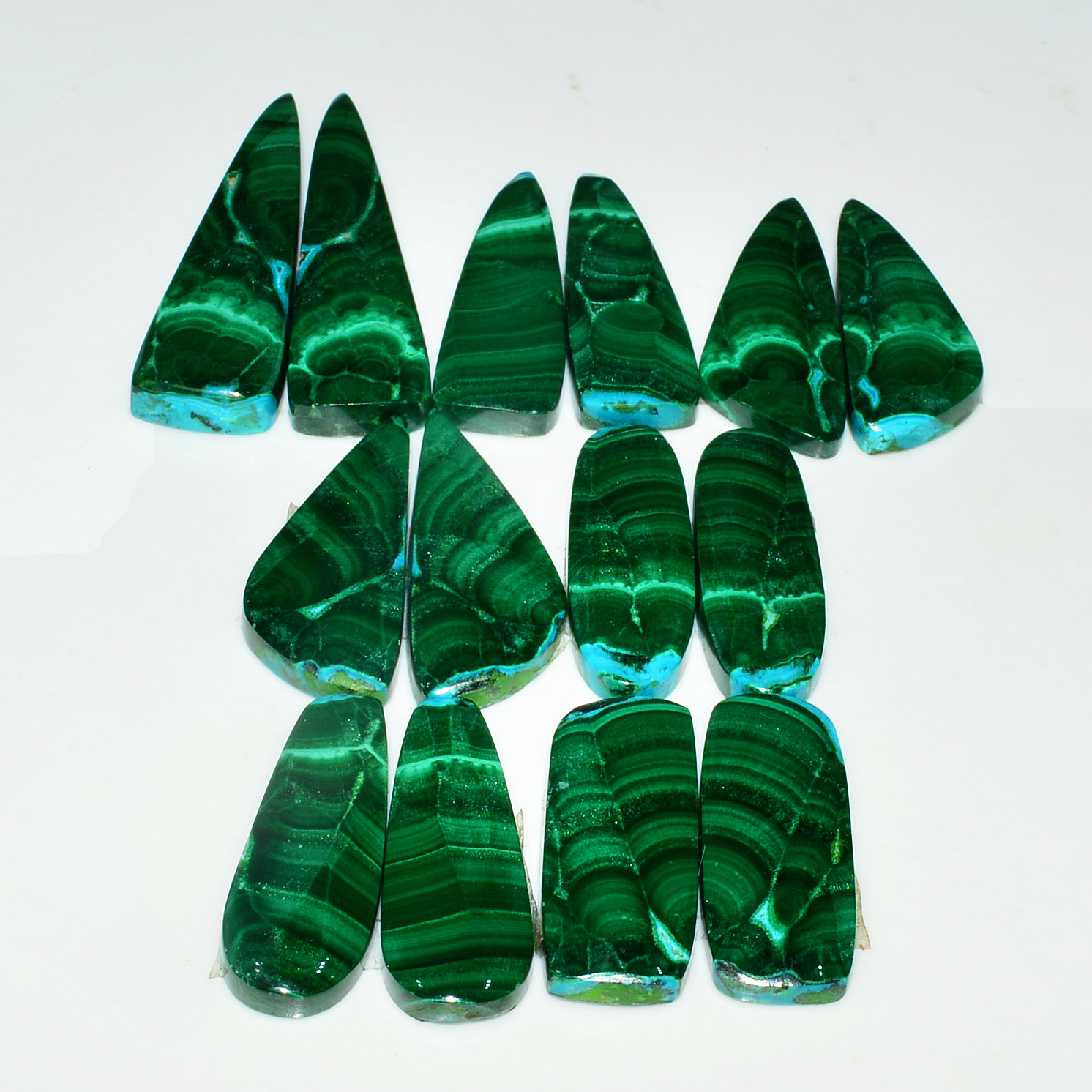 7 Pairs 232Cts Natural Malachite Loose Gemstone Cabochon Pair Lot for Silver Earrings 40x10 28x10mm 19055