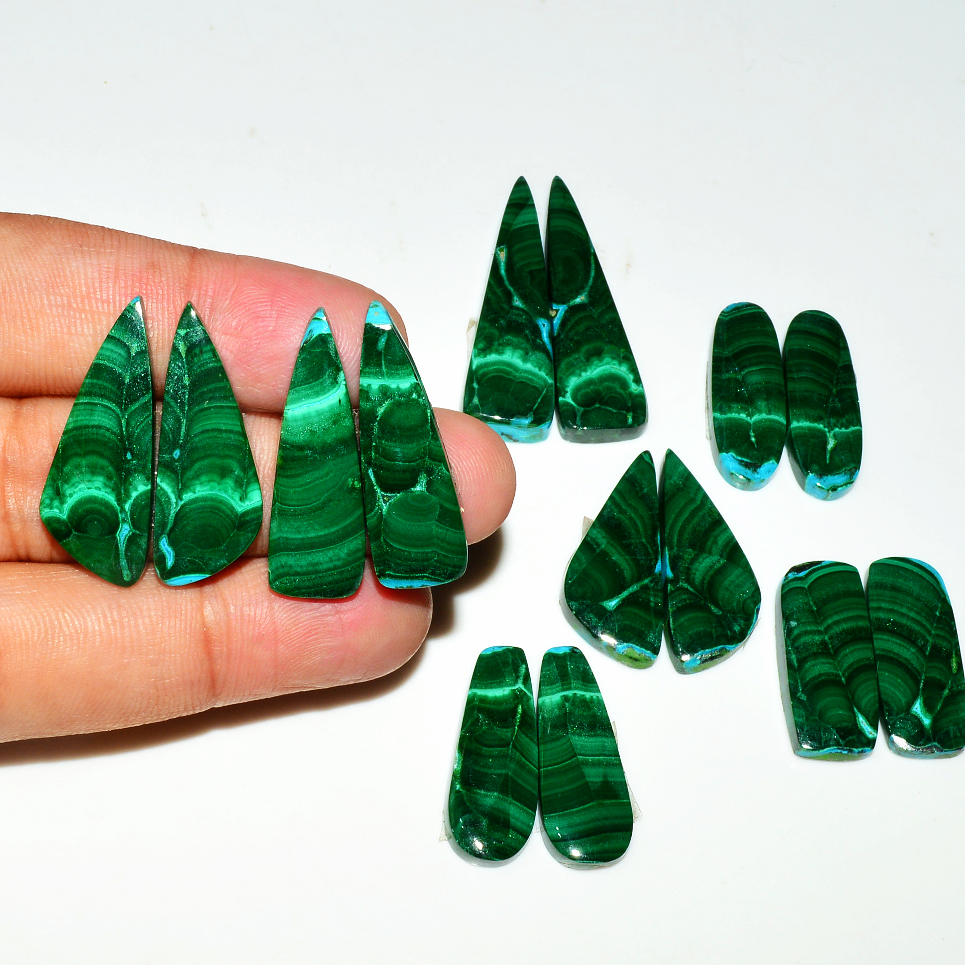 7 Pairs 232Cts Natural Malachite Loose Gemstone Cabochon Pair Lot for Silver Earrings 40x10 28x10mm 19055