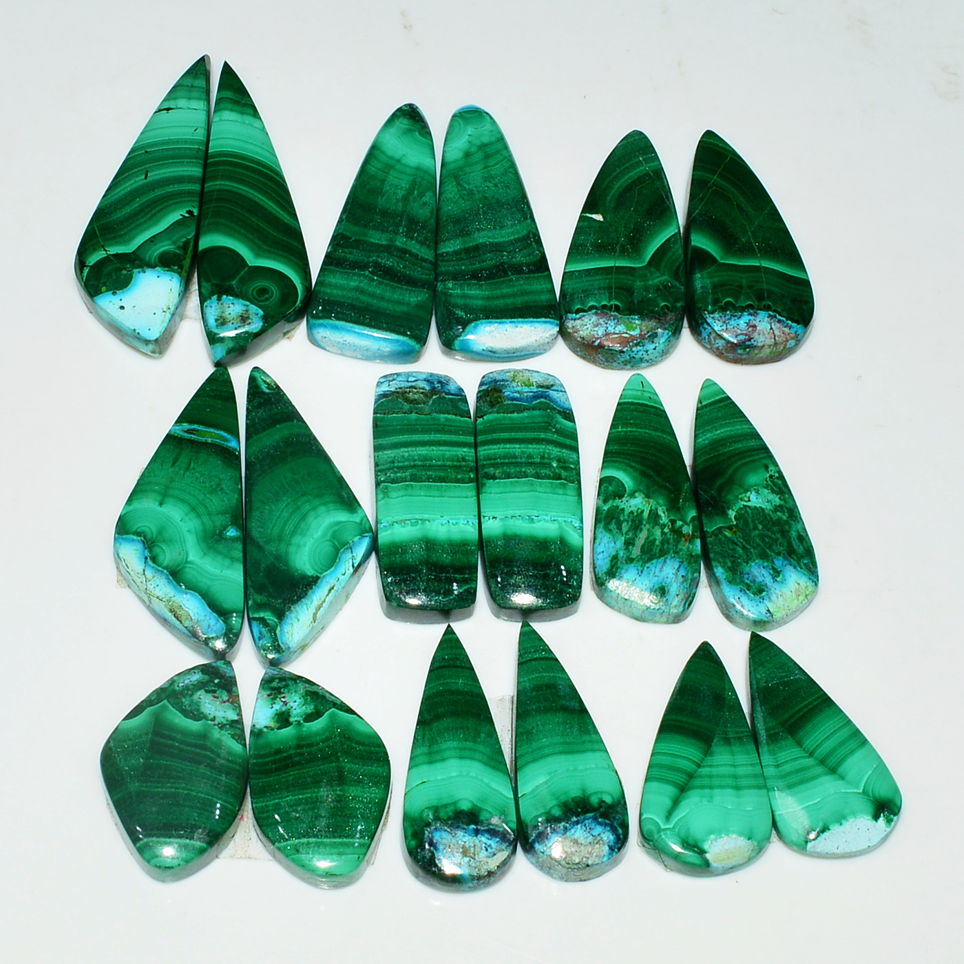 9 Pairs 223Cts Natural Malachite Loose Gemstone Cabochon Pair Lot for Silver Earrings 32x10 20x11mm 19056