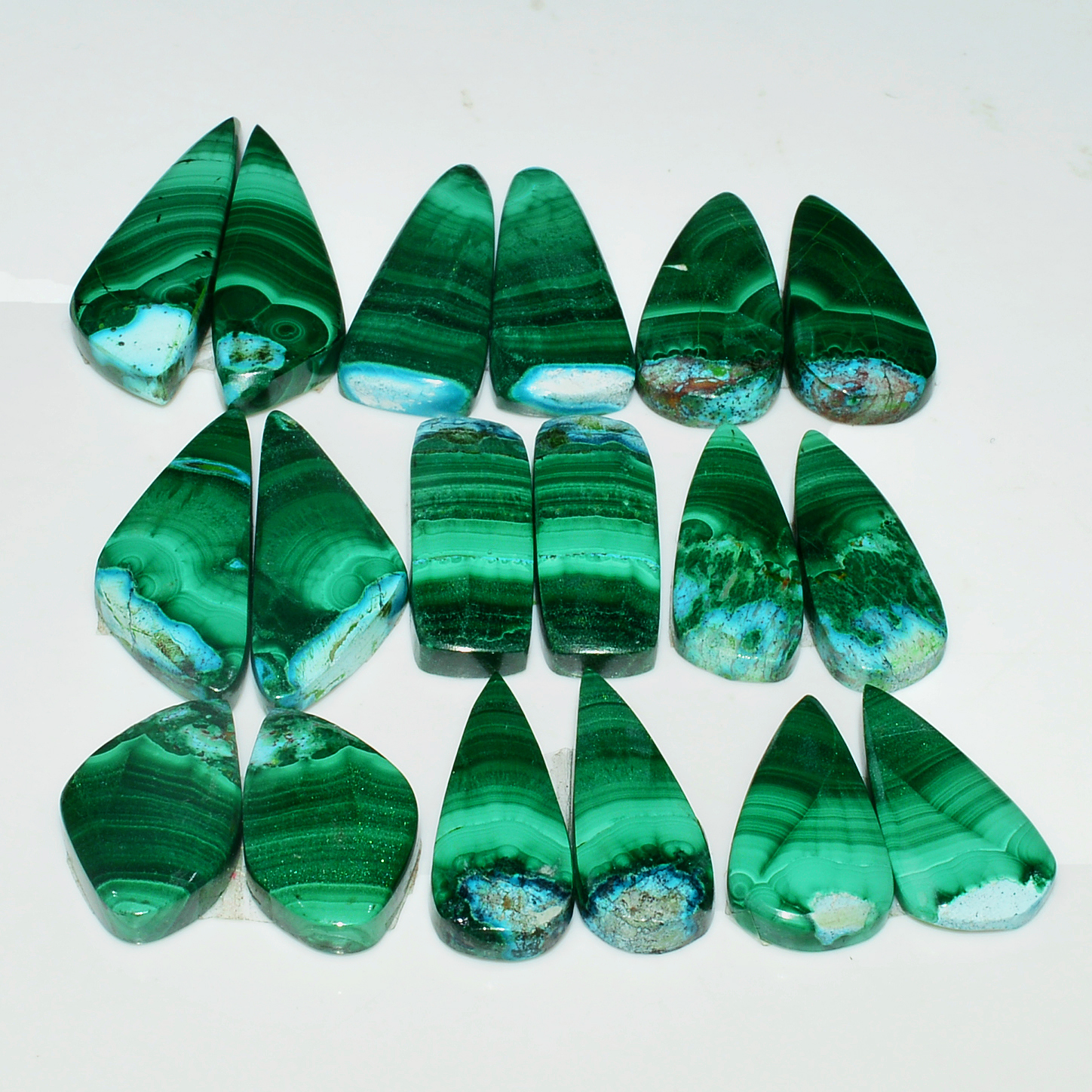 9 Pairs 223Cts Natural Malachite Loose Gemstone Cabochon Pair Lot for Silver Earrings 32x10 20x11mm 19056