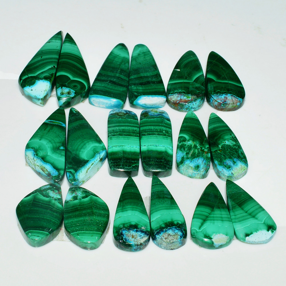 Image of 9 Pairs 223Cts Natural Malachite Loose Gemstone Cabochon Pair Lot for Silver Earrings 32x10  20x11mm #19056