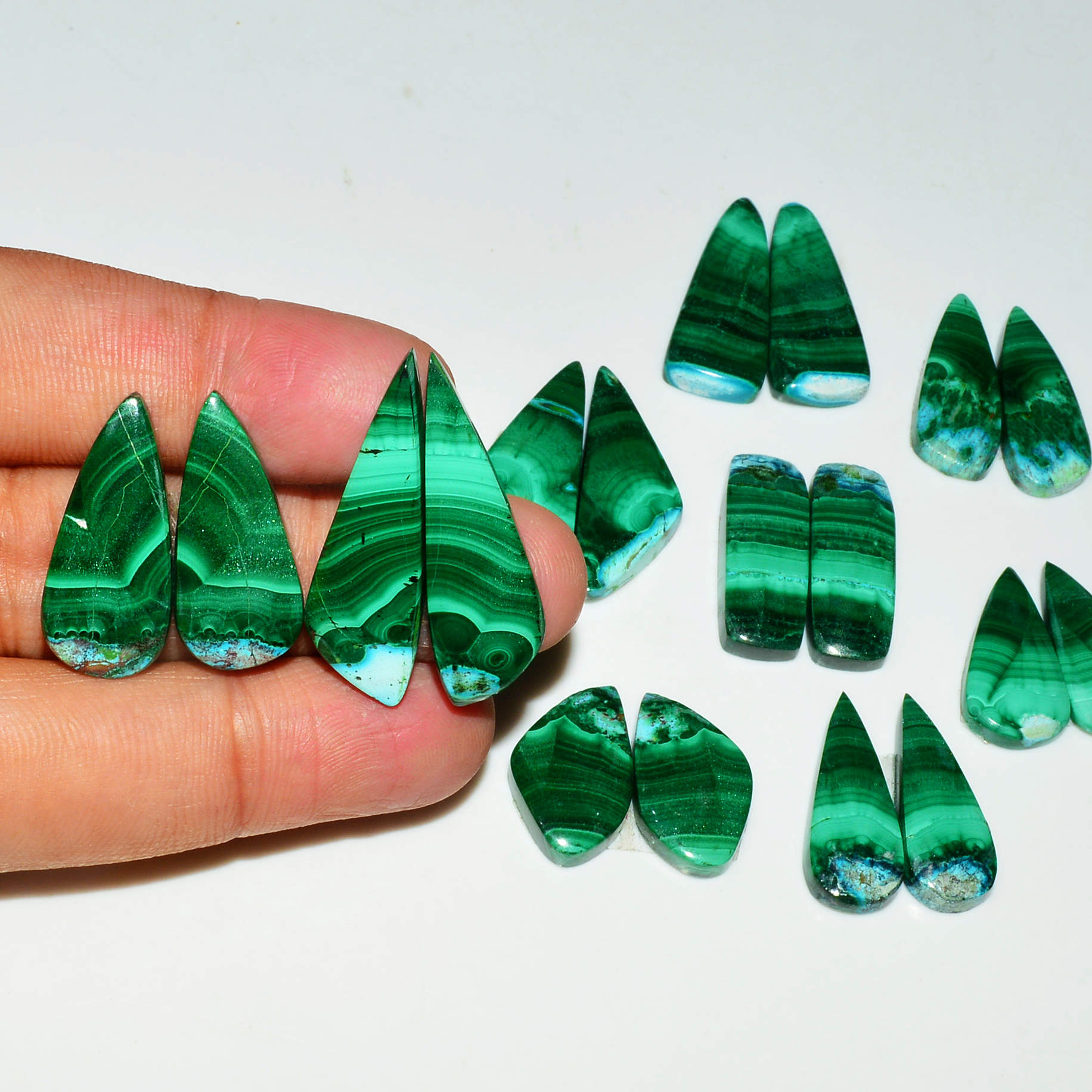 9 Pairs 223Cts Natural Malachite Loose Gemstone Cabochon Pair Lot for Silver Earrings 32x10 20x11mm 19056