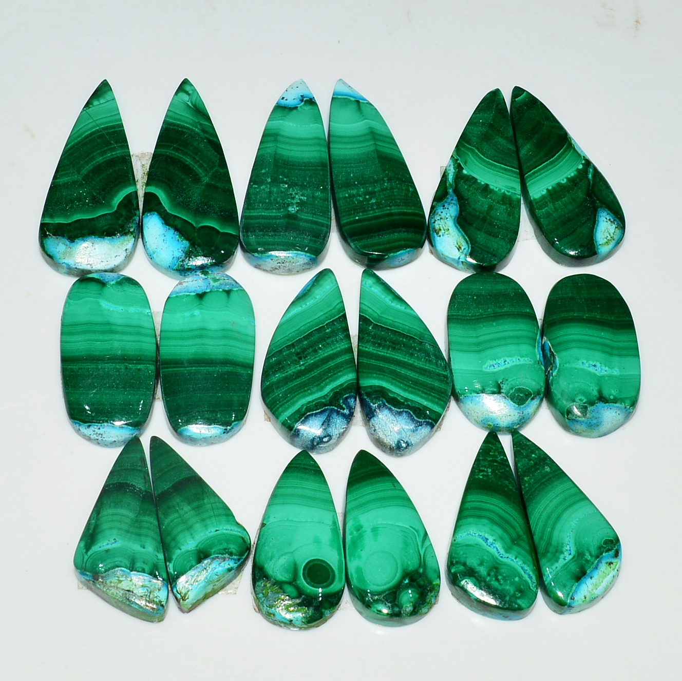 9 Pairs 223Cts Natural Malachite Loose Gemstone Cabochon Pair Lot for Silver Earrings 23x11 20x12mm 19057