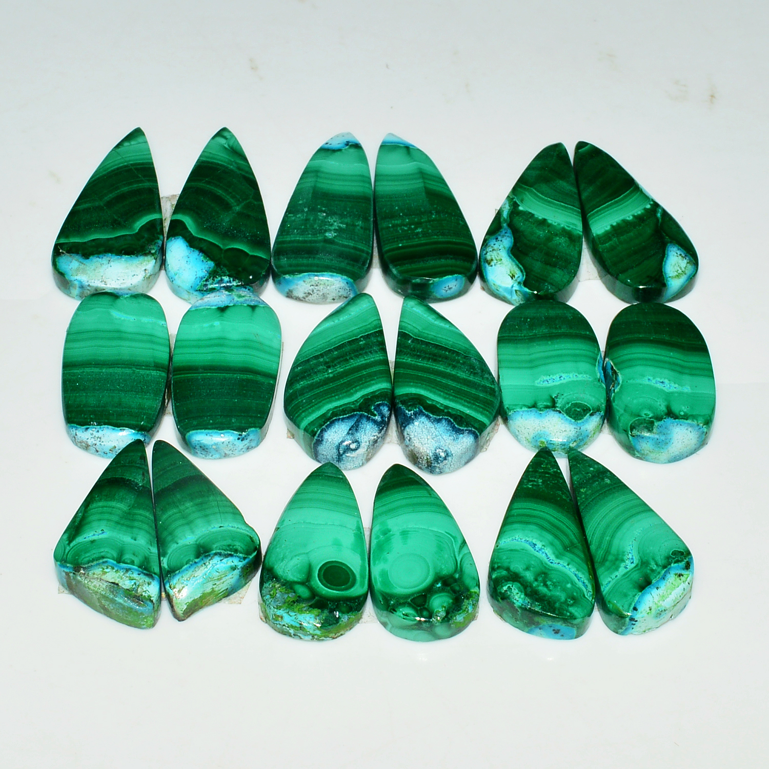 9 Pairs 223Cts Natural Malachite Loose Gemstone Cabochon Pair Lot for Silver Earrings 23x11 20x12mm 19057