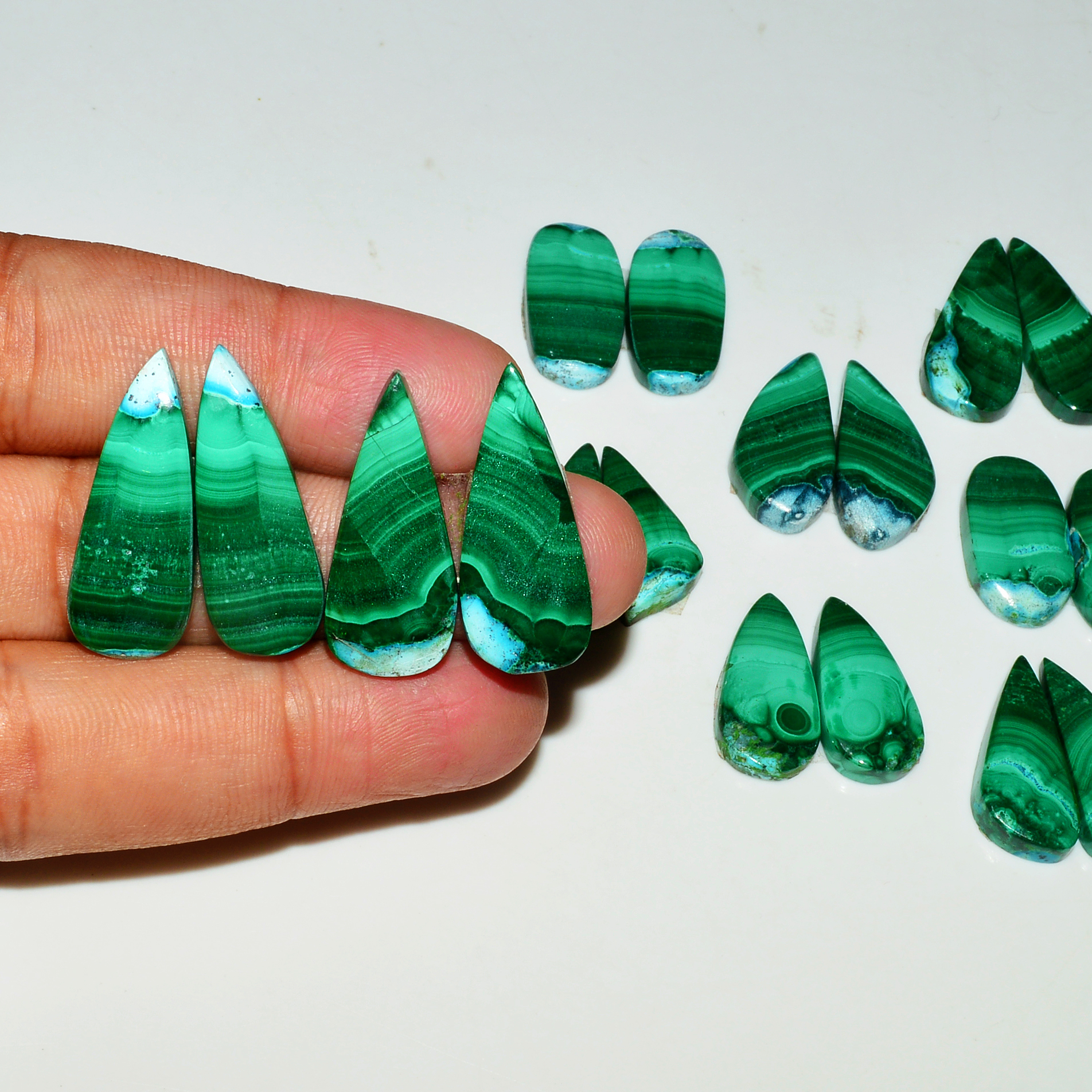 9 Pairs 223Cts Natural Malachite Loose Gemstone Cabochon Pair Lot for Silver Earrings 23x11 20x12mm 19057