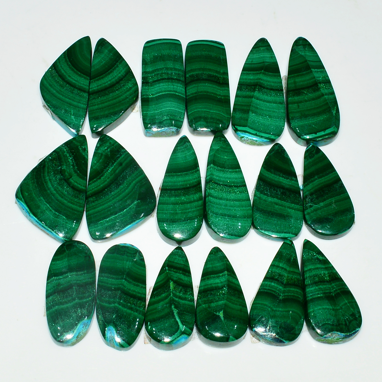 9 Pairs 208Cts Natural Malachite Loose Gemstone Cabochon Pair Lot for Silver Earrings 25x12  21x10 mm 19058