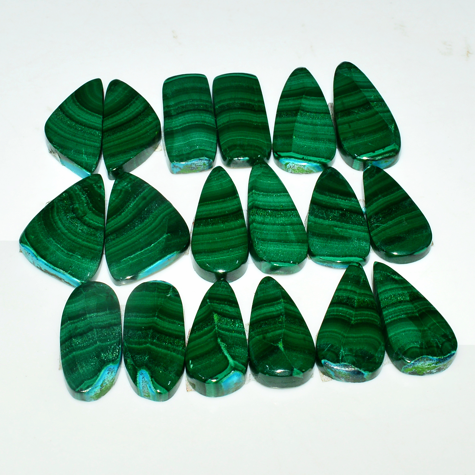9 Pairs 208Cts Natural Malachite Loose Gemstone Cabochon Pair Lot for Silver Earrings 25x12 21x10 mm 19058