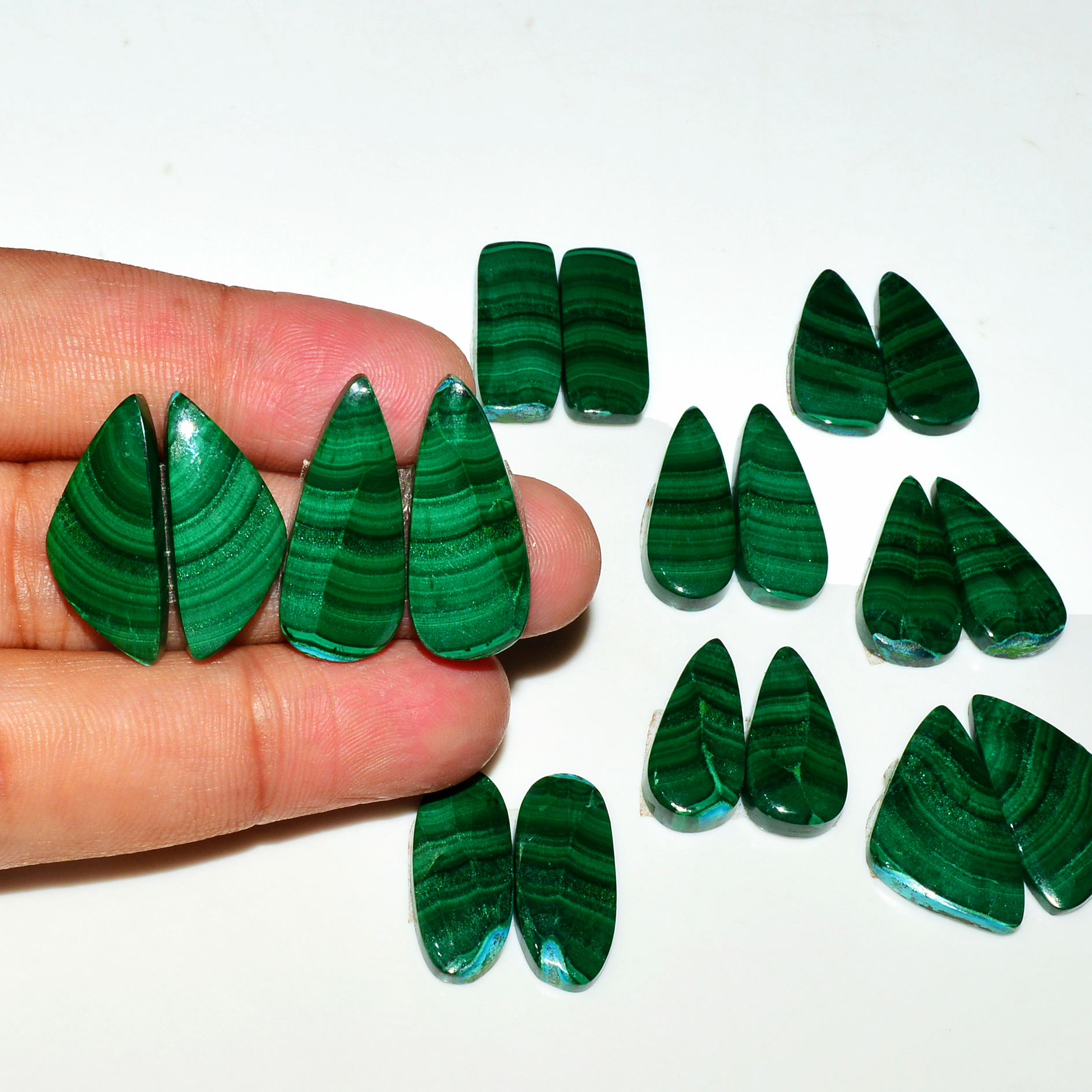 9 Pairs 208Cts Natural Malachite Loose Gemstone Cabochon Pair Lot for Silver Earrings 25x12  21x10 mm 19058
