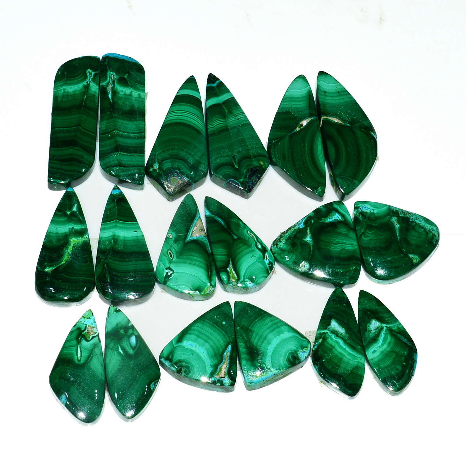 9 Pairs 262Cts Natural Malachite Loose Gemstone Cabochon Pair Lot for Silver Earrings 31x11 20x13mm 19059