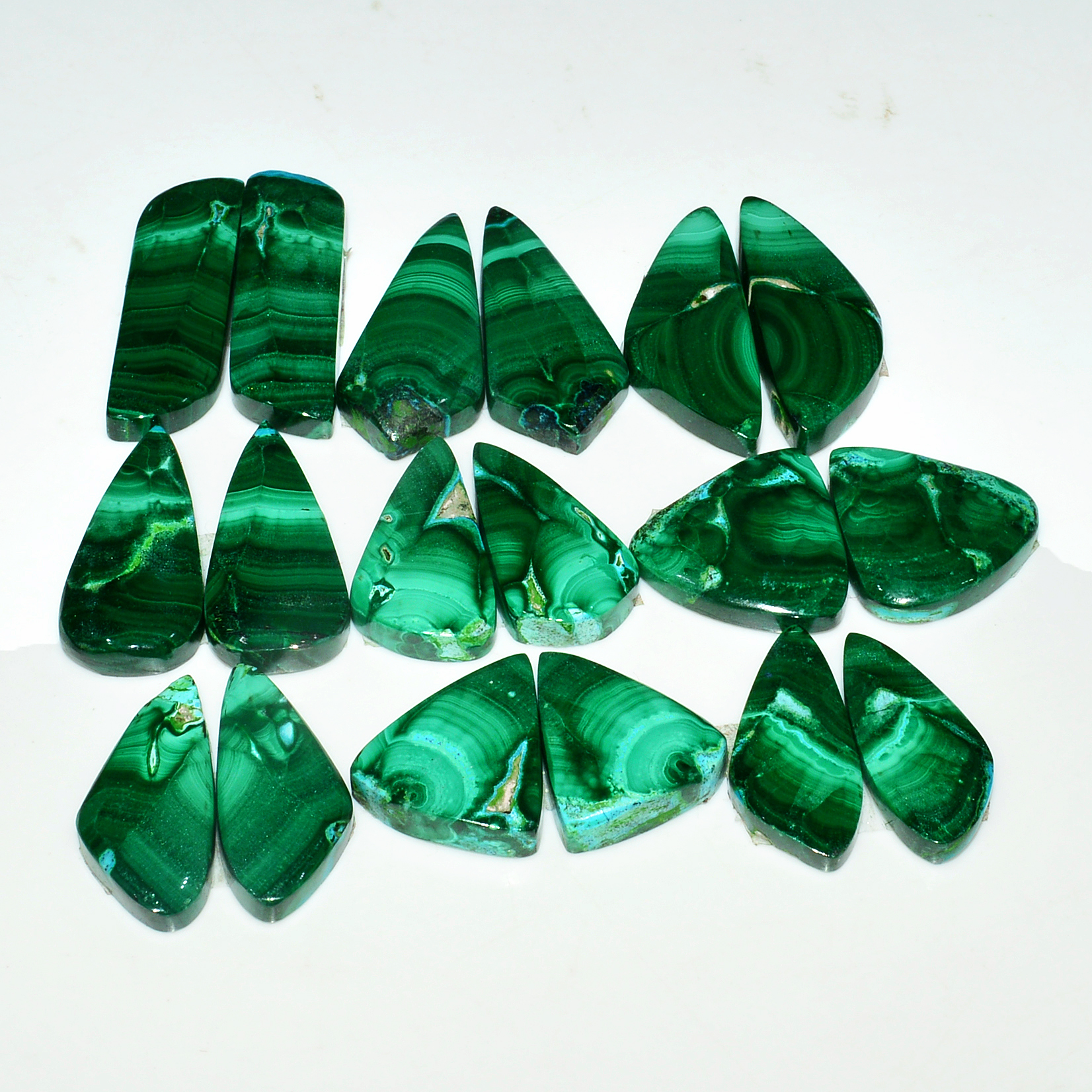 9 Pairs 262Cts Natural Malachite Loose Gemstone Cabochon Pair Lot for Silver Earrings 31x11 20x13mm 19059