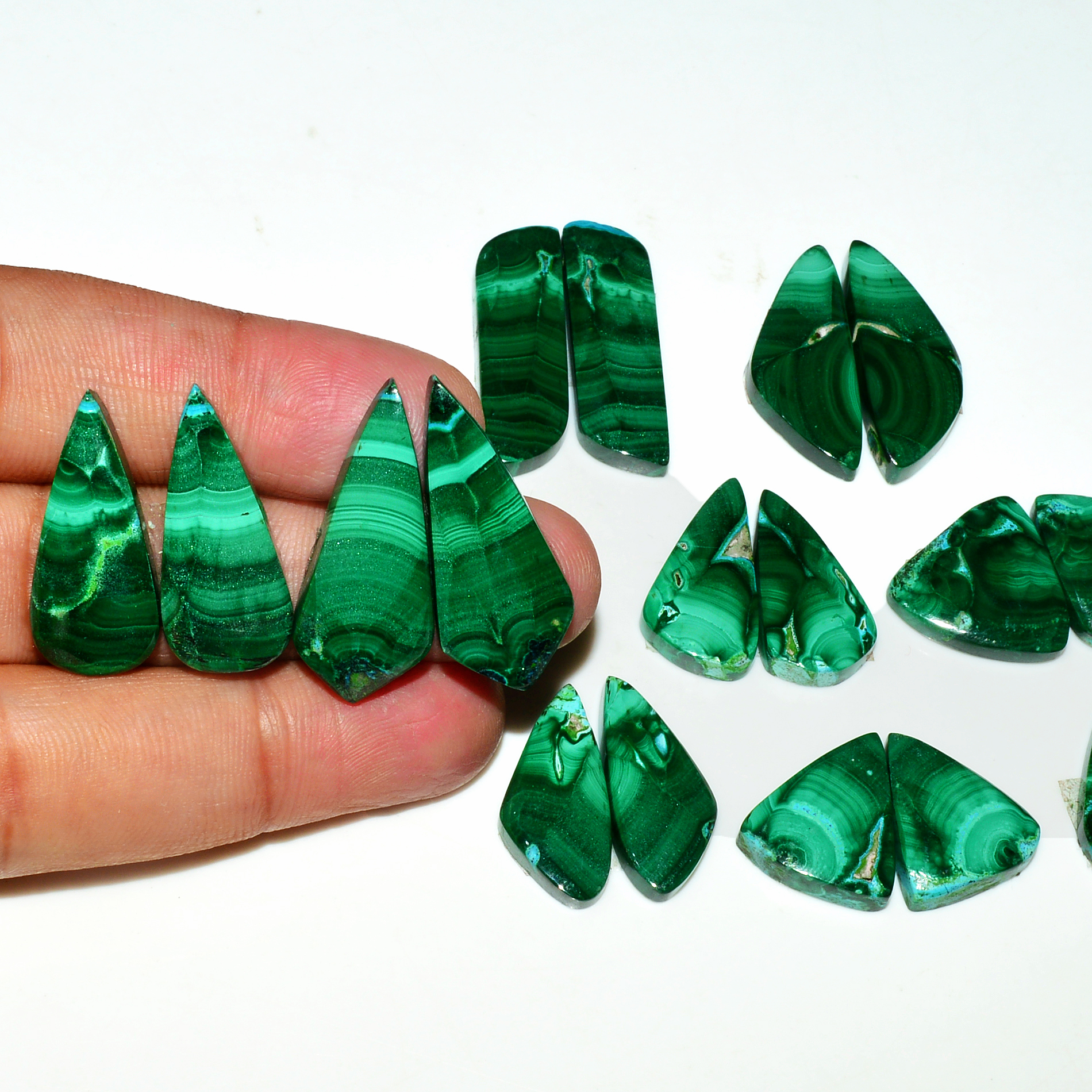 9 Pairs 262Cts Natural Malachite Loose Gemstone Cabochon Pair Lot for Silver Earrings 31x11 20x13mm 19059