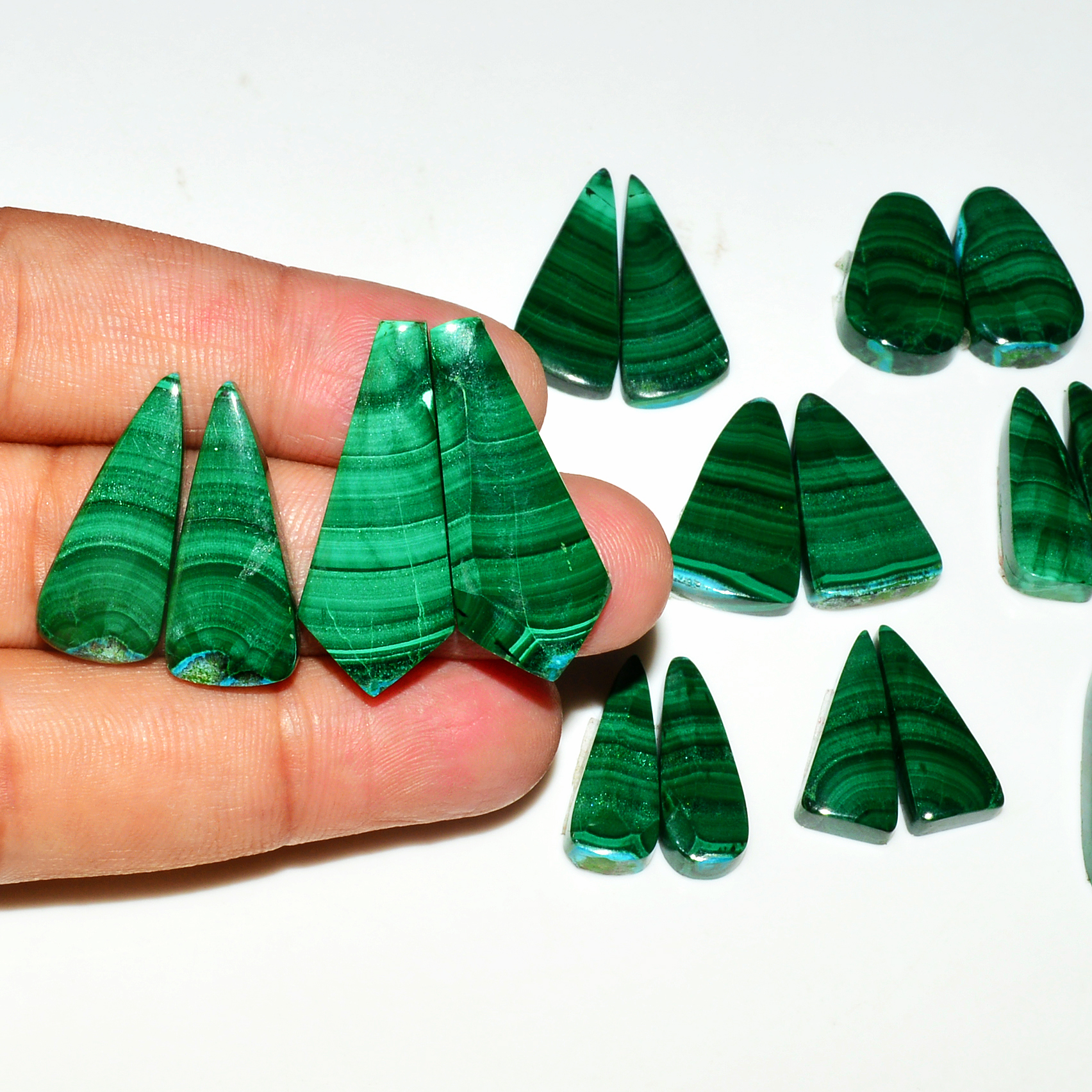 9 Pairs 244Cts Natural Malachite Loose Gemstone Cabochon Pair Lot for Silver Earrings 30x12 20x19mm 19060