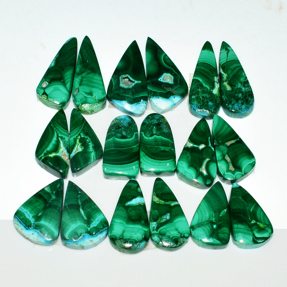 Image of 9 Pairs 231Cts Natural Malachite Loose Gemstone Cabochon Pair Lot for Silver Earrings 29x10  20x11mm #19061