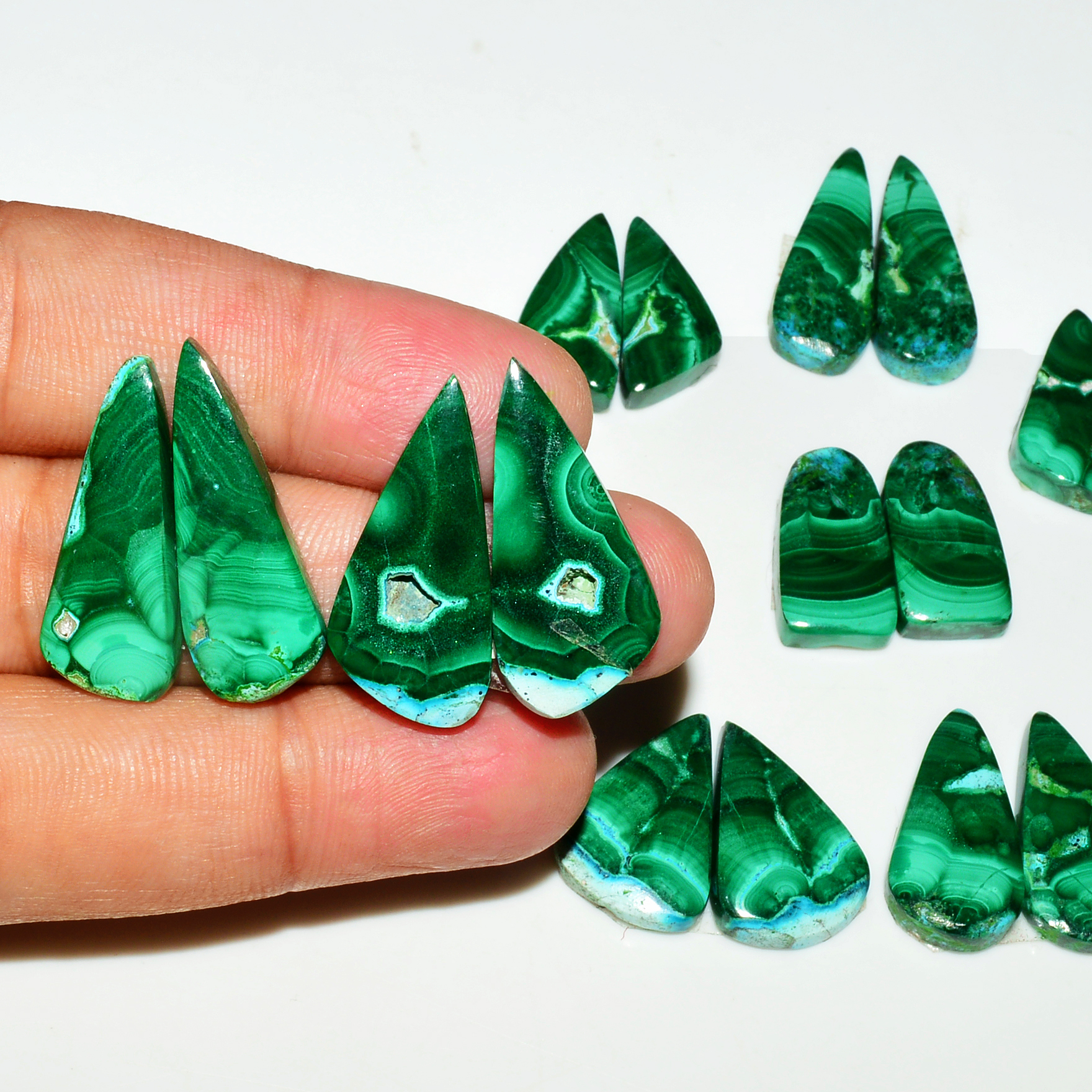 9 Pairs 231Cts Natural Malachite Loose Gemstone Cabochon Pair Lot for Silver Earrings 29x10 20x11mm 19061