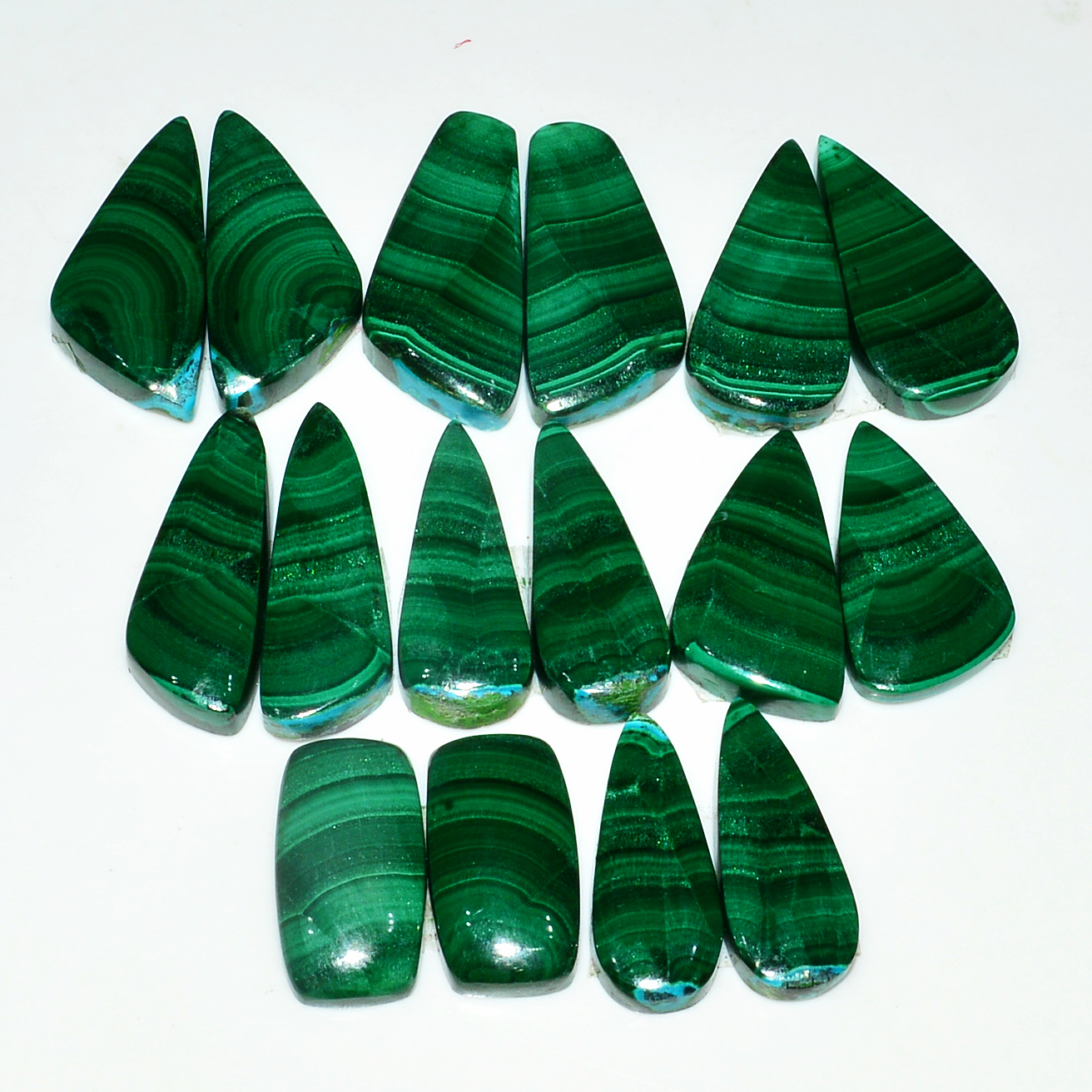 8 Pairs 232Cts Natural Malachite Loose Gemstone Cabochon Pair Lot for Silver Earrings 25x10 18x9mm 19062