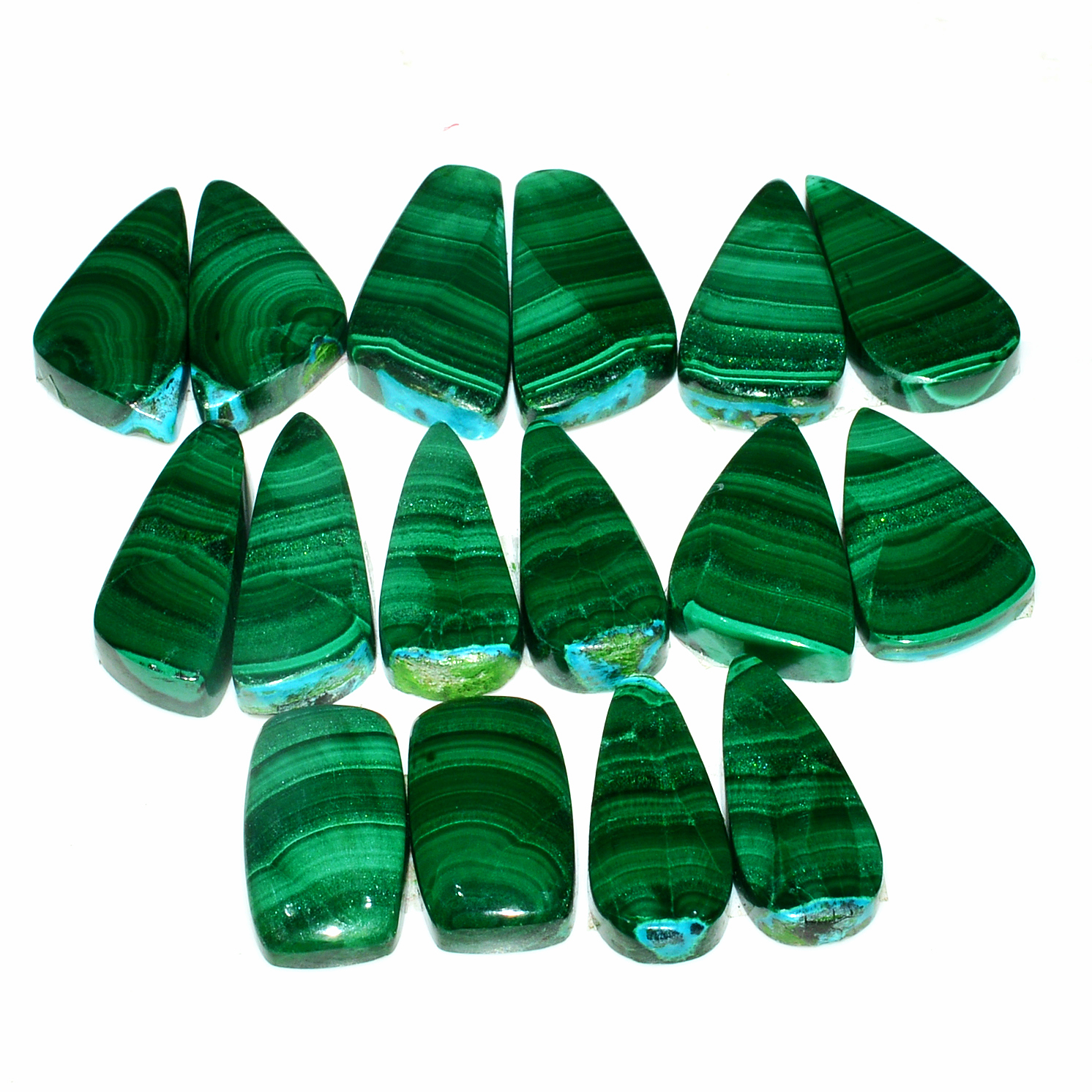 8 Pairs 232Cts Natural Malachite Loose Gemstone Cabochon Pair Lot for Silver Earrings 25x10 18x9mm 19062