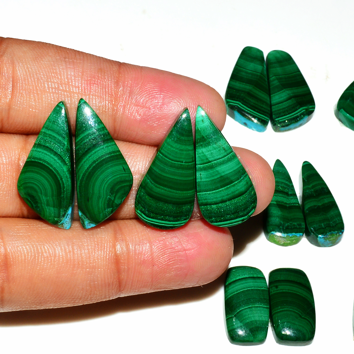 8 Pairs 232Cts Natural Malachite Loose Gemstone Cabochon Pair Lot for Silver Earrings 25x10 18x9mm 19062