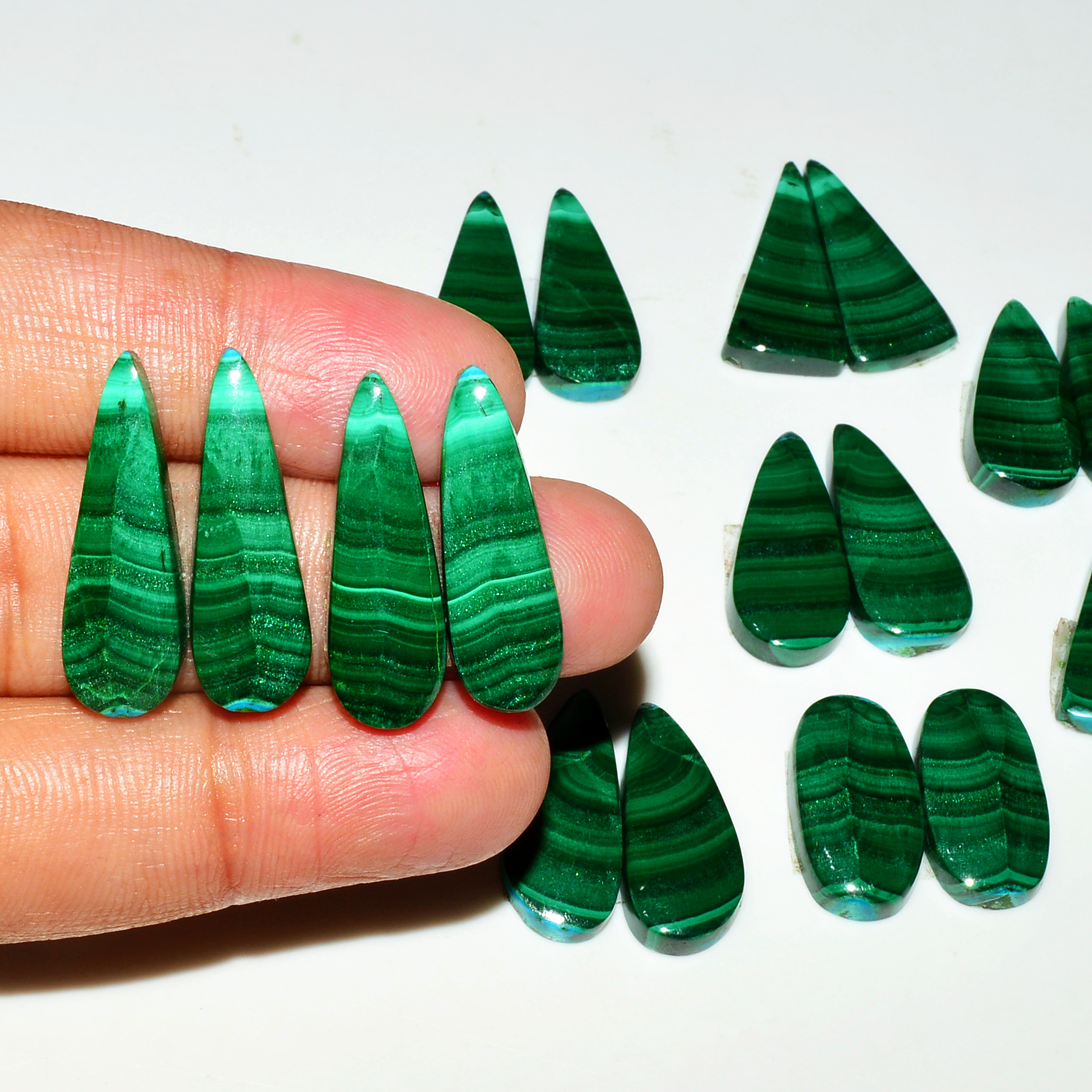 9 Pairs 237Cts Natural Malachite Loose Gemstone Cabochon Pair Lot for Silver Earrings 24x10 18x9mm 19063