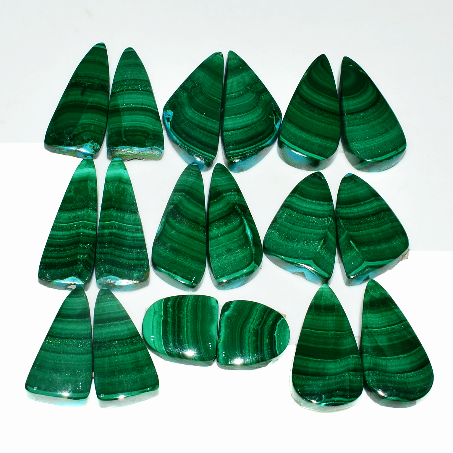 10 Pairs 256Cts Natural Malachite Loose Gemstone Cabochon Pair Lot for Silver Earrings 26x9 11x11mm 19064