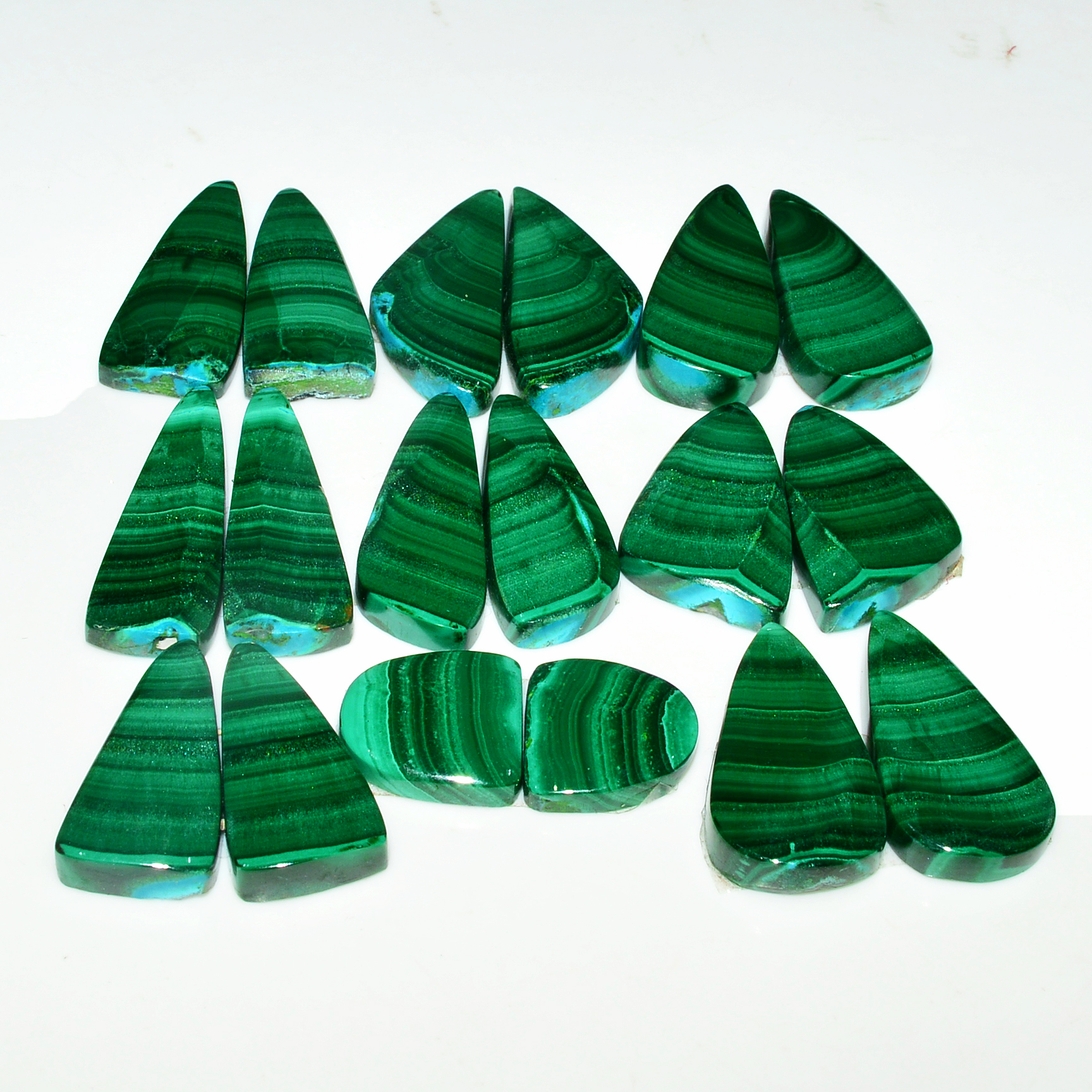 10 Pairs 256Cts Natural Malachite Loose Gemstone Cabochon Pair Lot for Silver Earrings 26x9 11x11mm 19064