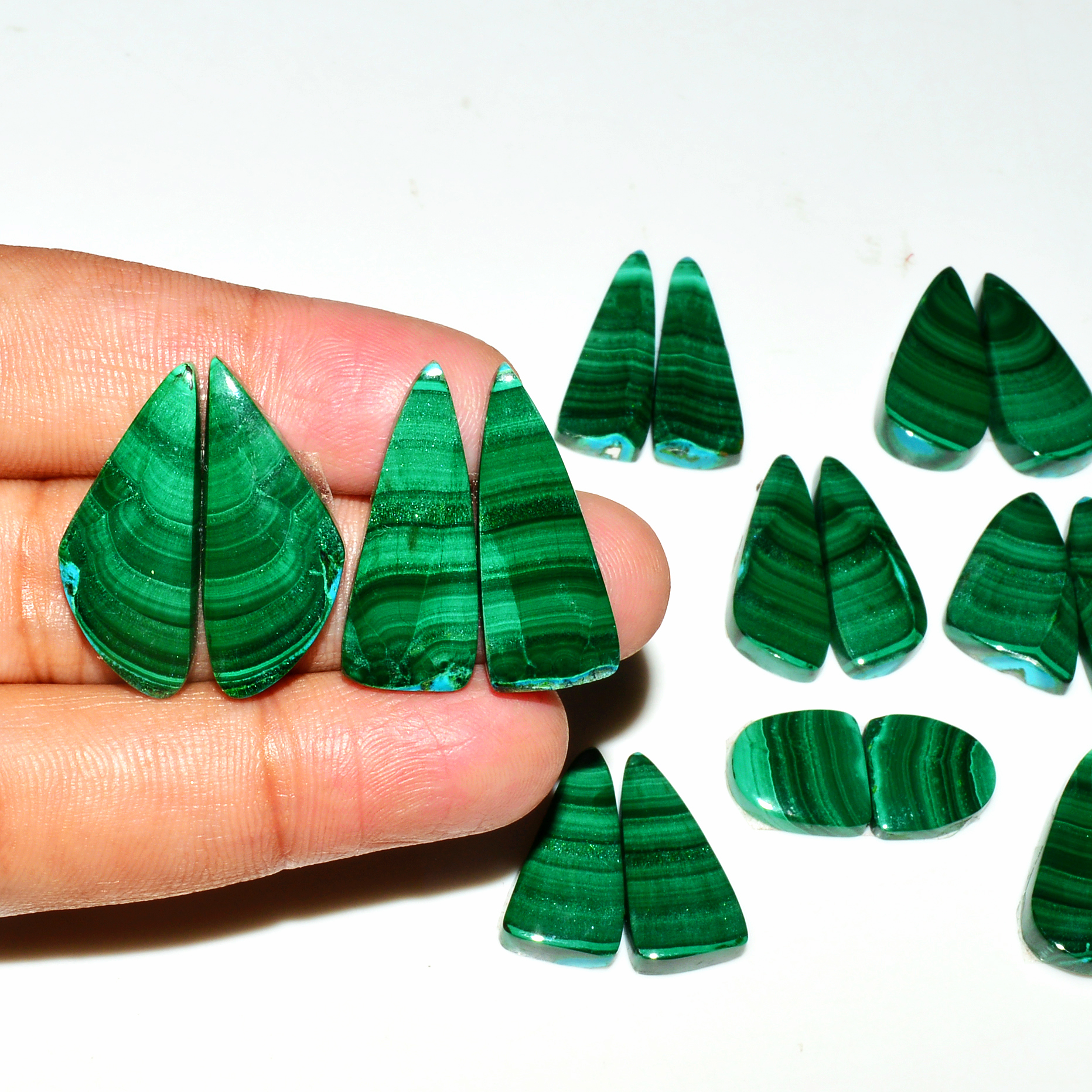 10 Pairs 256Cts Natural Malachite Loose Gemstone Cabochon Pair Lot for Silver Earrings 26x9 11x11mm 19064