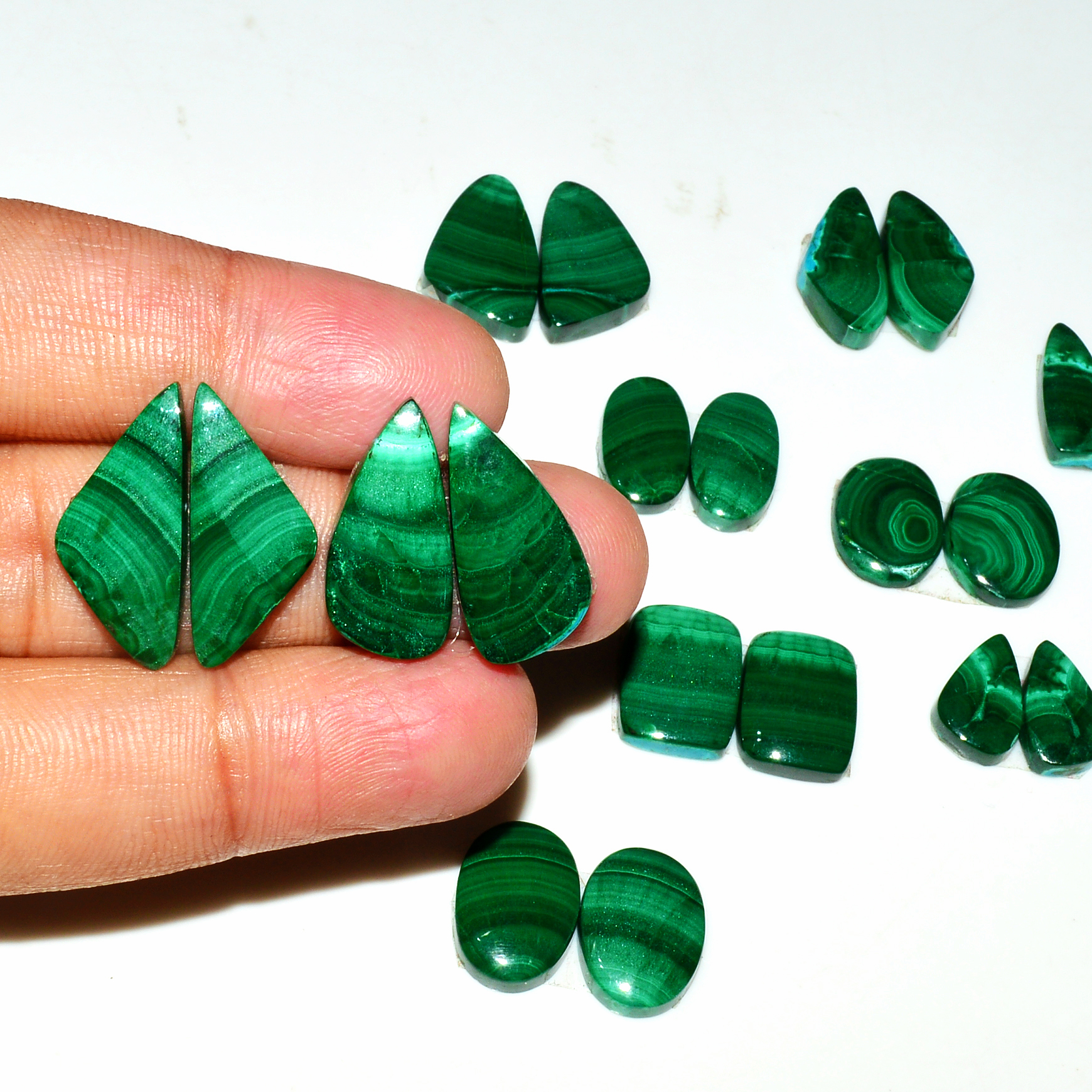 10 Pairs 160Cts Natural Malachite Loose Gemstone Cabochon Pair Lot for Silver Earrings 19x9  11x6mm 19065