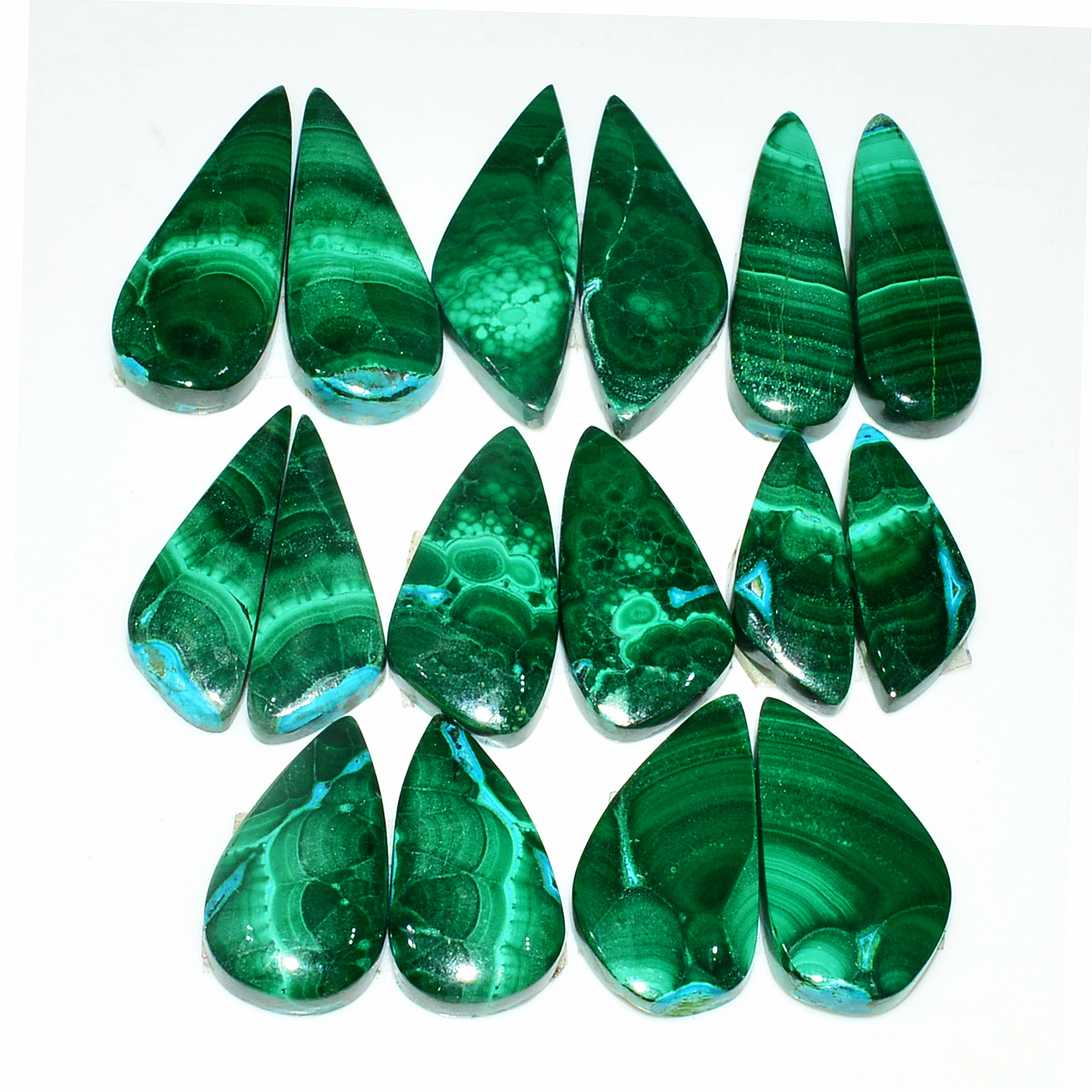 8 Pairs 220Cts Natural Malachite Loose Gemstone Cabochon Pair Lot for Silver Earrings 27x10 21x8mm 19066