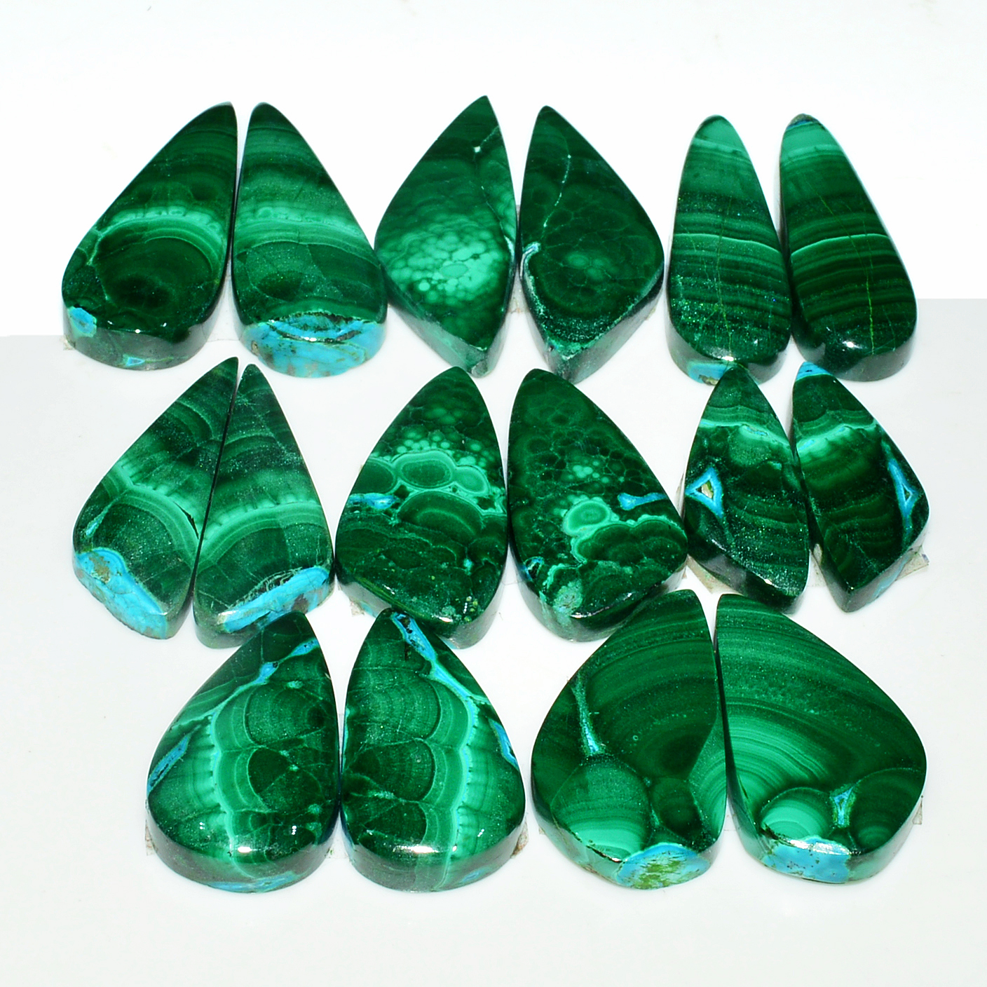 8 Pairs 220Cts Natural Malachite Loose Gemstone Cabochon Pair Lot for Silver Earrings 27x10 21x8mm 19066