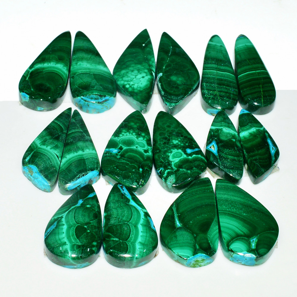 Image of 8 Pairs 220Cts Natural Malachite Loose Gemstone Cabochon Pair Lot for Silver Earrings 27x10  21x8mm #19066