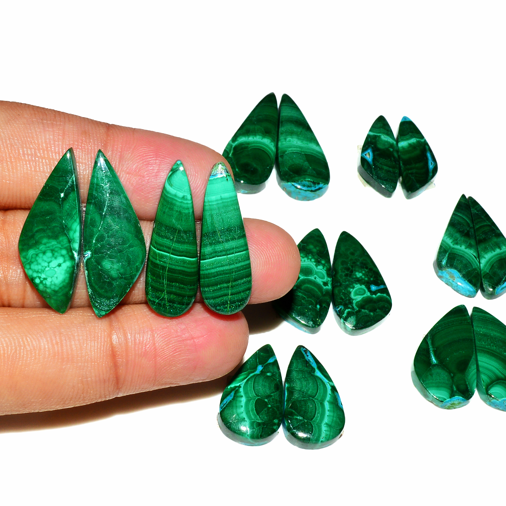 8 Pairs 220Cts Natural Malachite Loose Gemstone Cabochon Pair Lot for Silver Earrings 27x10 21x8mm 19066
