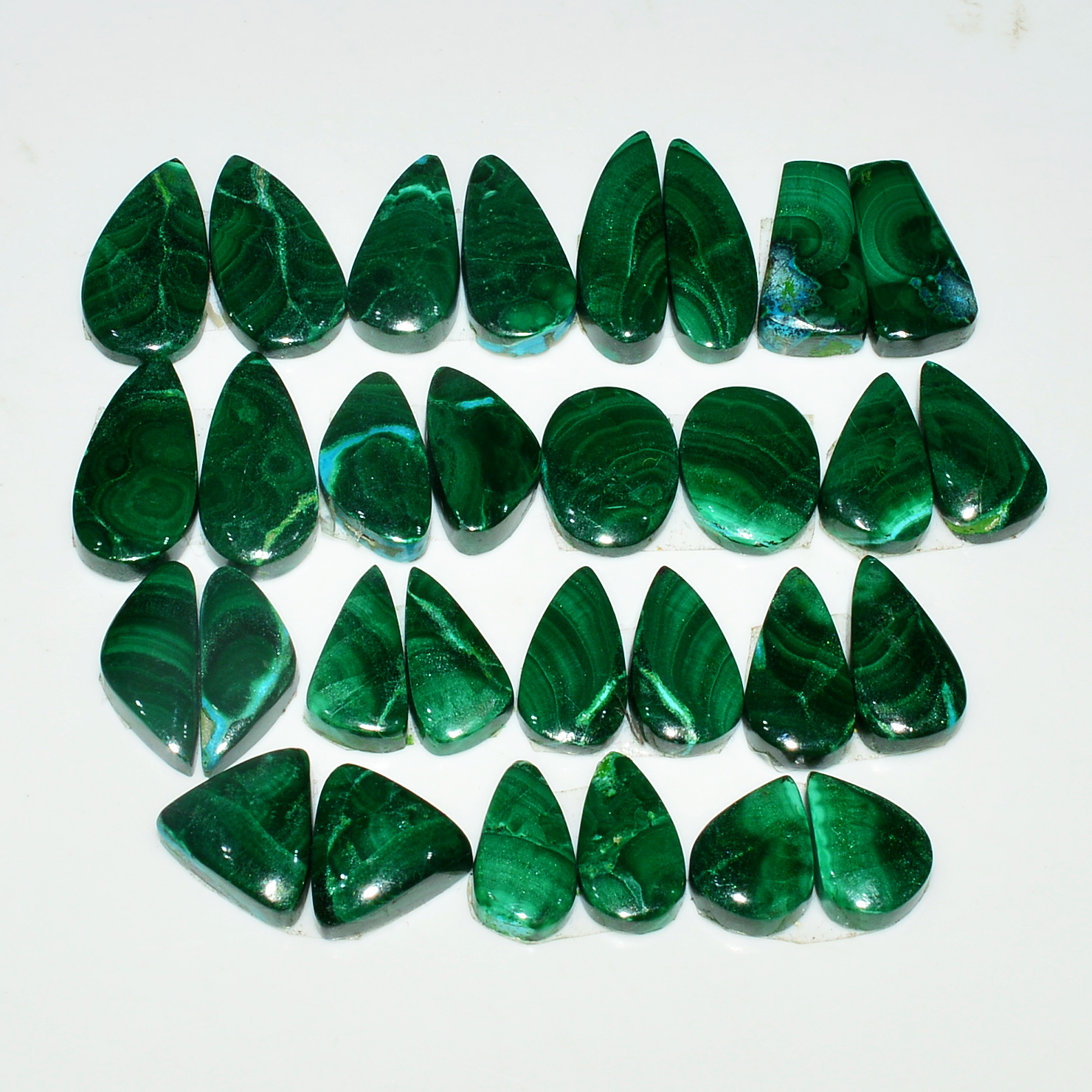 15 Pairs 167Cts Natural Malachite Loose Gemstone Cabochon Pair Lot for Silver Earrings 18x5 11x5mm 19067