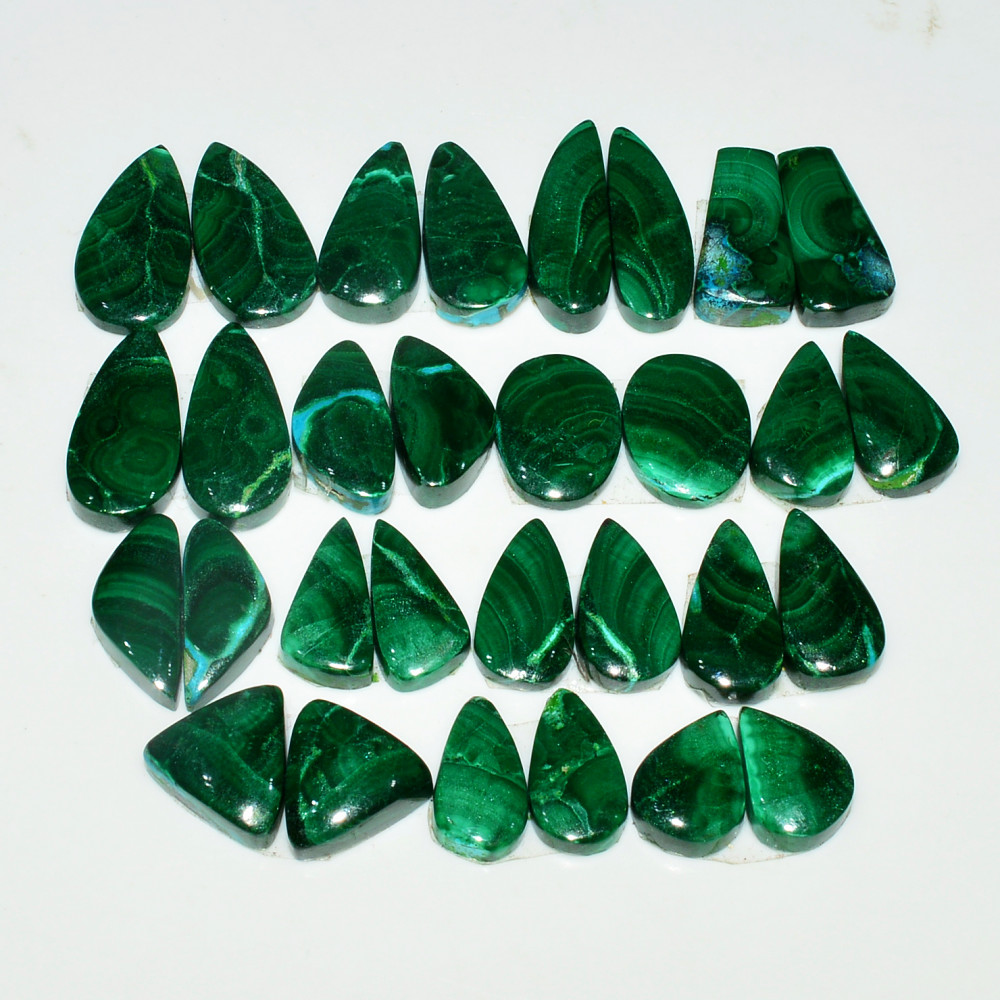 Image of 15 Pairs 167Cts Natural Malachite Loose Gemstone Cabochon Pair Lot for Silver Earrings 18x5  11x5mm #19067