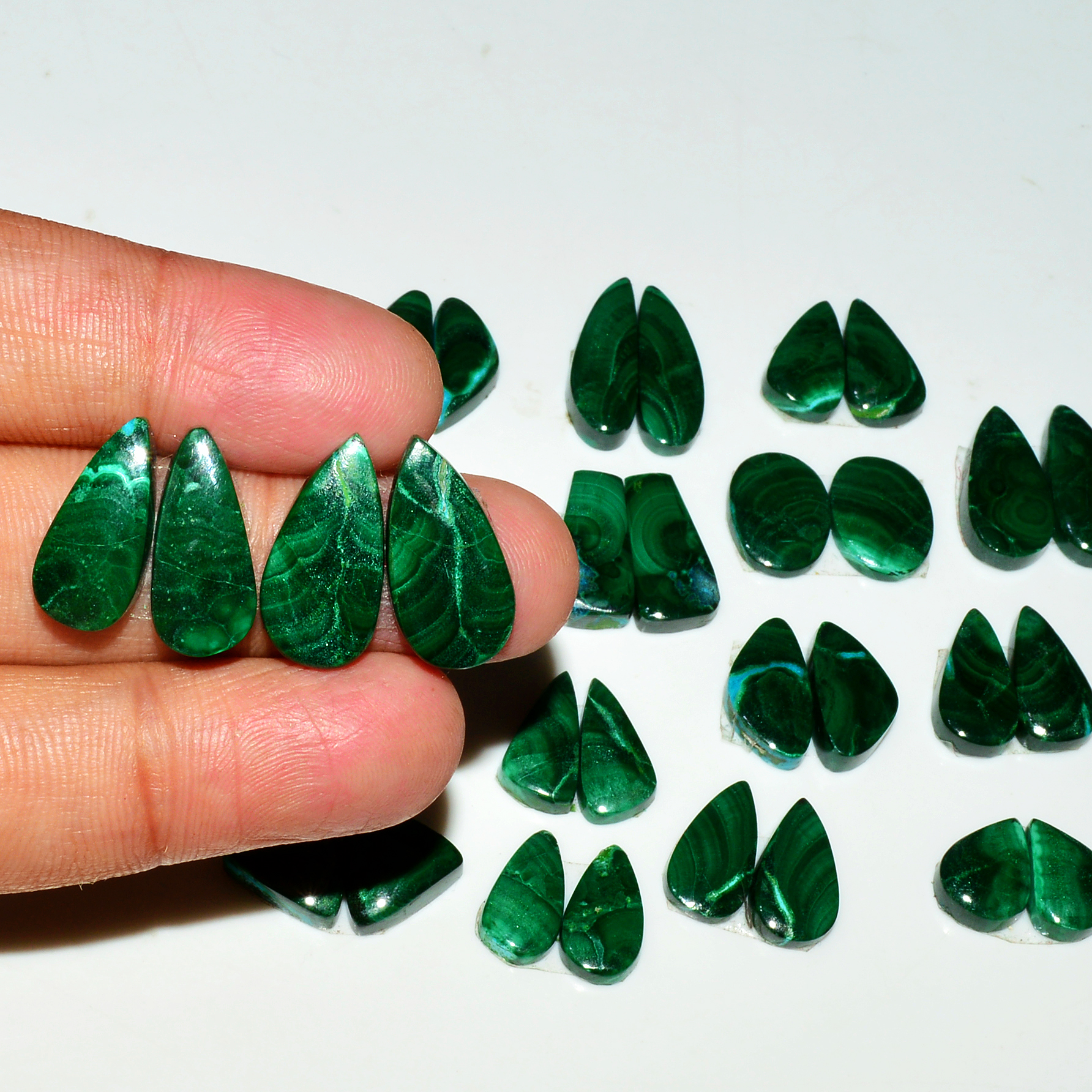 15 Pairs 167Cts Natural Malachite Loose Gemstone Cabochon Pair Lot for Silver Earrings 18x5 11x5mm 19067