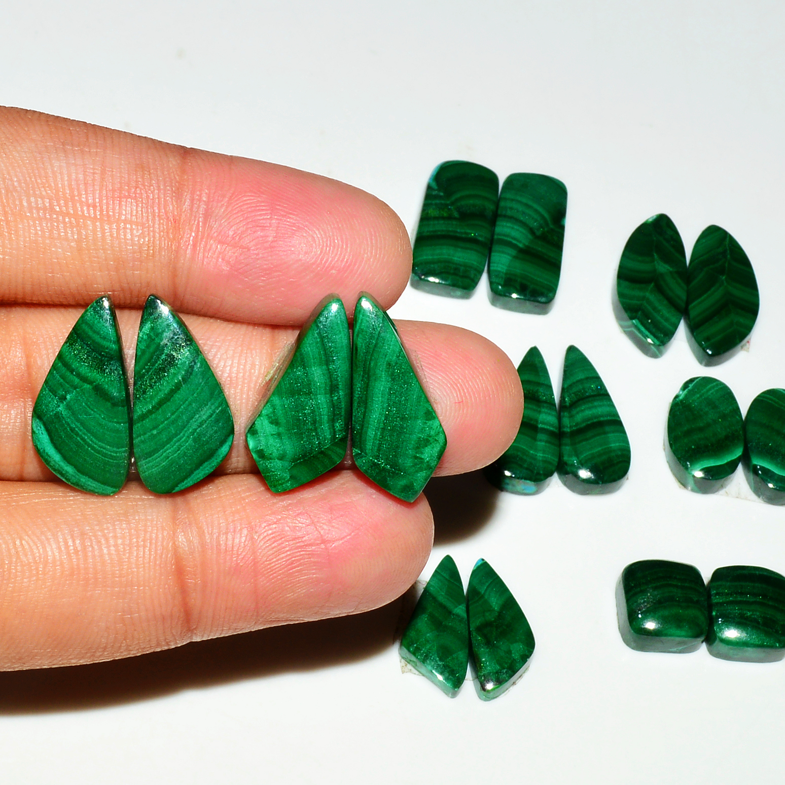 8 Pairs 150Cts Natural Malachite Loose Gemstone Cabochon Pair Lot for Silver Earrings 19x18 9x9mm 19068