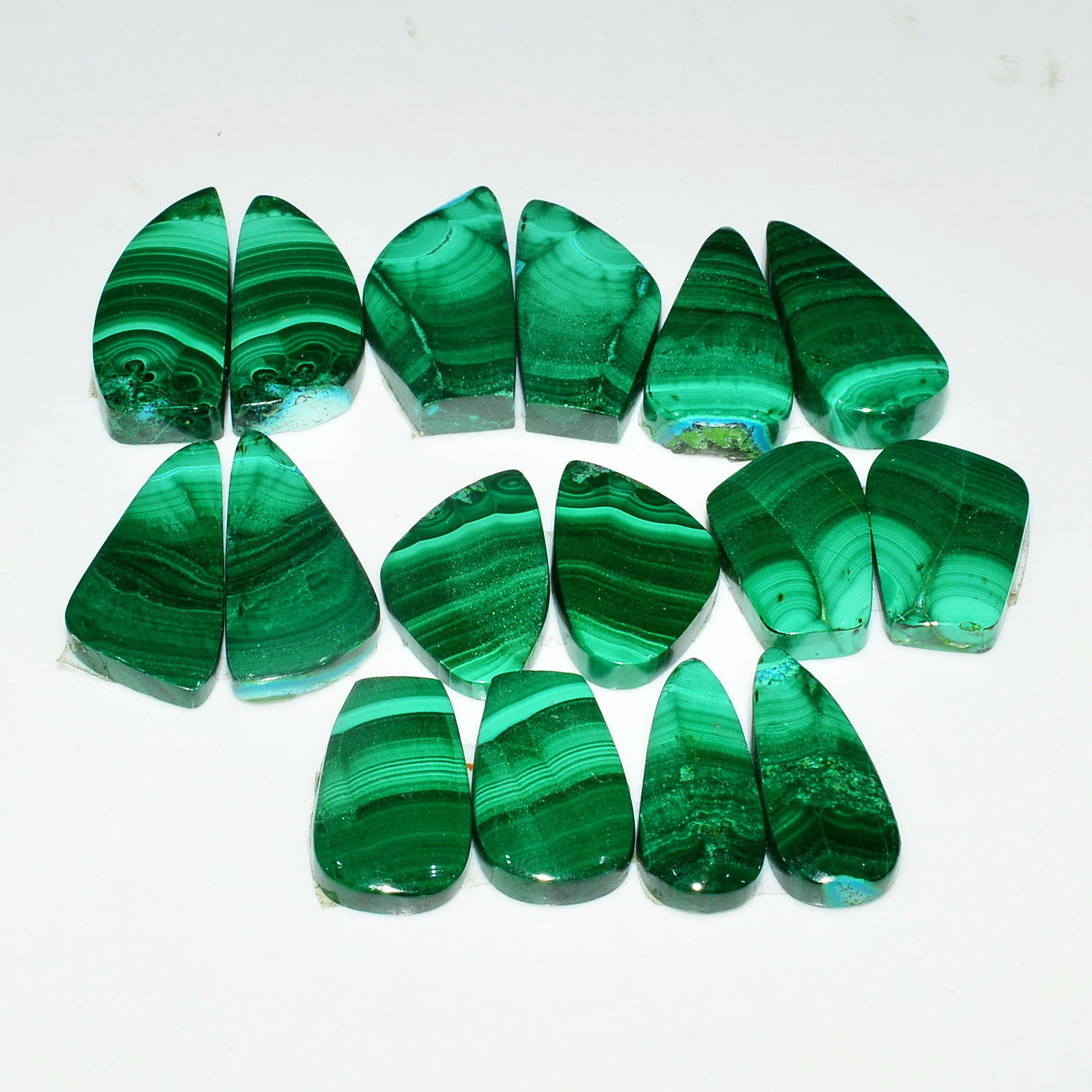 8 Pairs 209Cts Natural Malachite Loose Gemstone Cabochon Pair Lot for Silver Earrings 24x9 16x9mm 19069