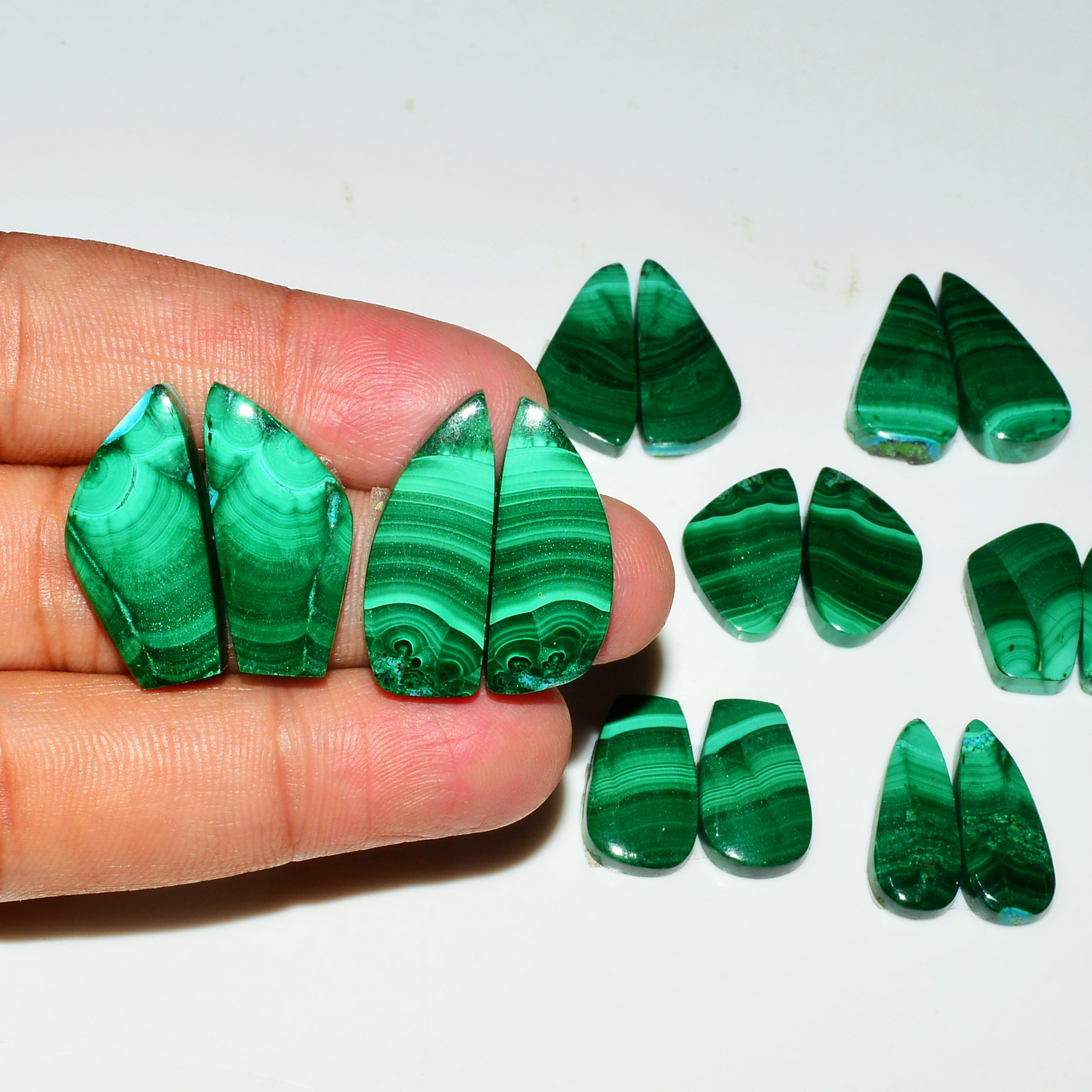 8 Pairs 209Cts Natural Malachite Loose Gemstone Cabochon Pair Lot for Silver Earrings 24x9 16x9mm 19069
