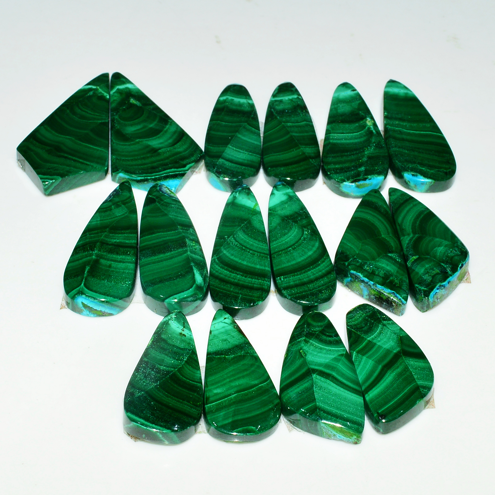 8 Pairs 224Cts Natural Malachite Loose Gemstone Cabochon Pair Lot for Silver Earrings 30x11 21x9mm 19070