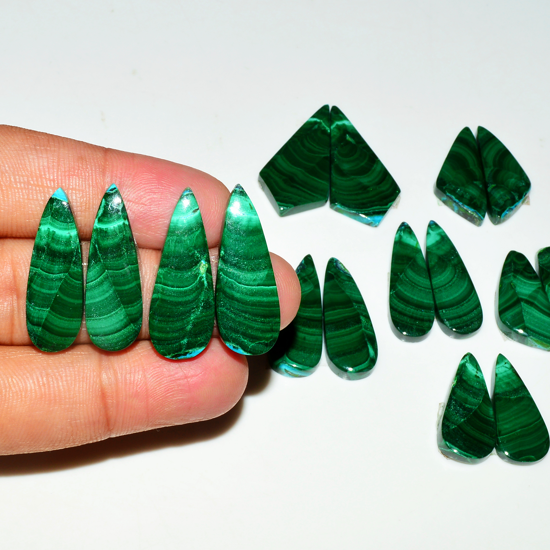 8 Pairs 224Cts Natural Malachite Loose Gemstone Cabochon Pair Lot for Silver Earrings 30x11 21x9mm 19070