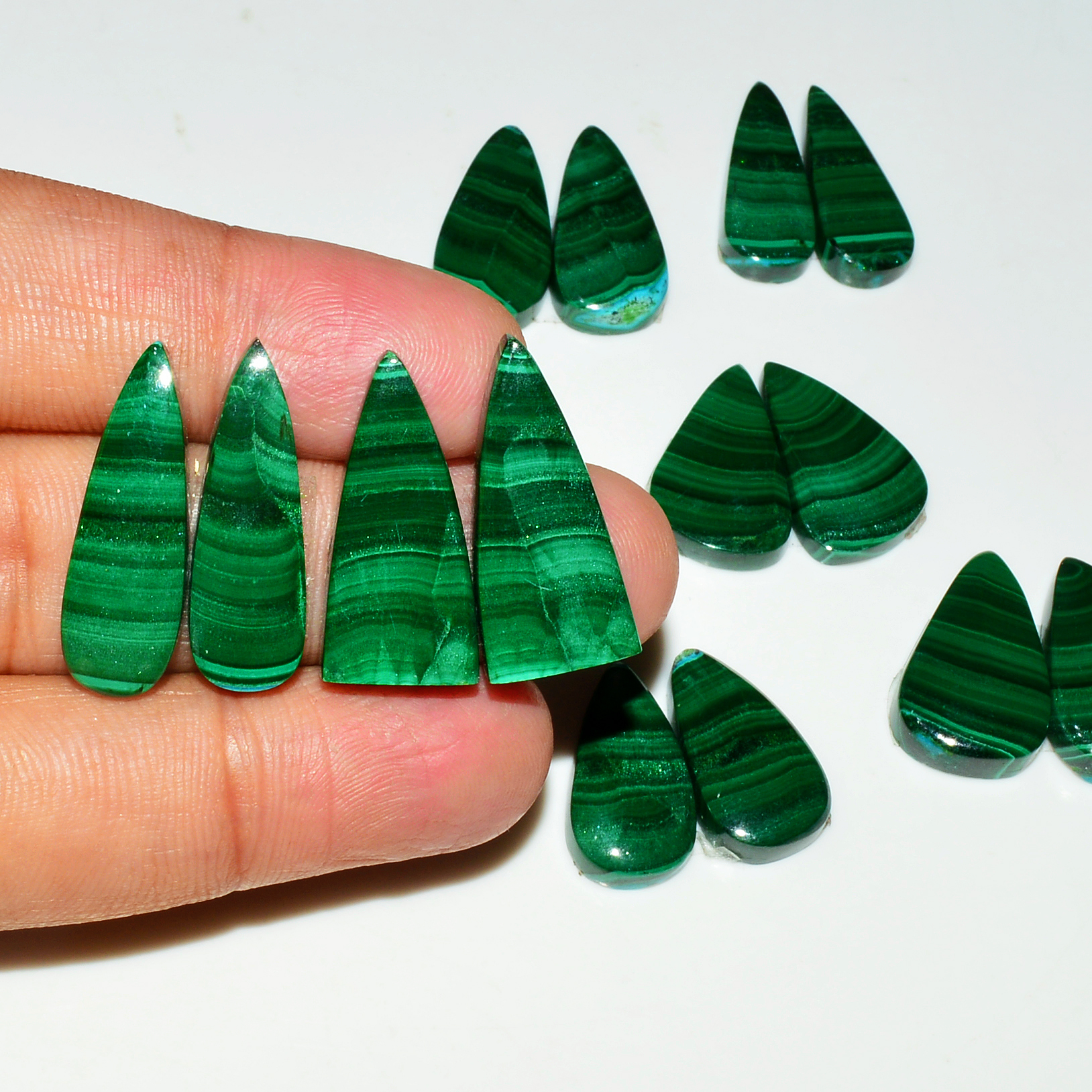 7 Pairs 174Cts Natural Malachite Loose Gemstone Cabochon Pair Lot for Silver Earrings 22x10 12x9mm 19071