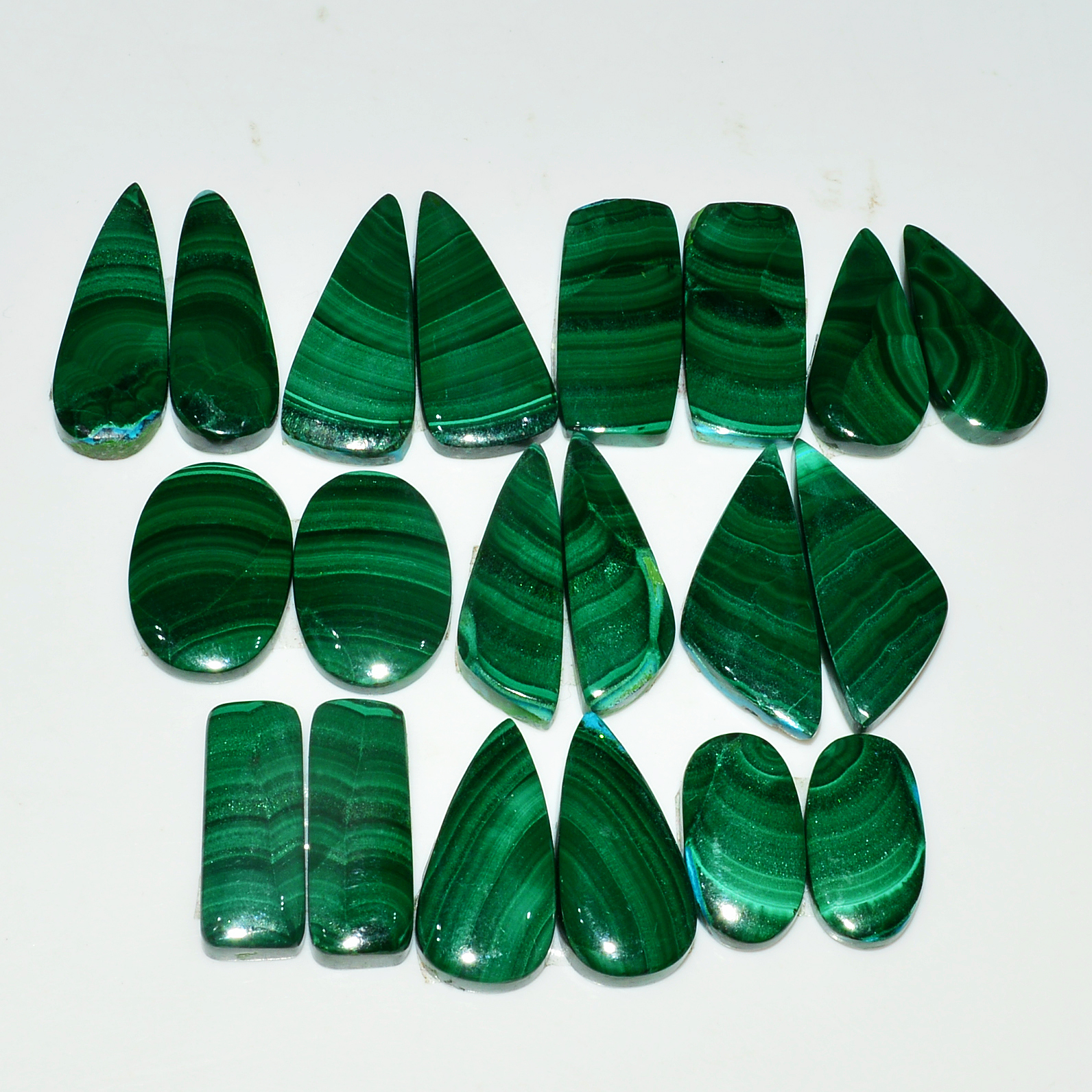 10 Pairs 253Cts Natural Malachite Loose Gemstone Cabochon Pair Lot for Silver Earrings 25x10 15x9mm 19072