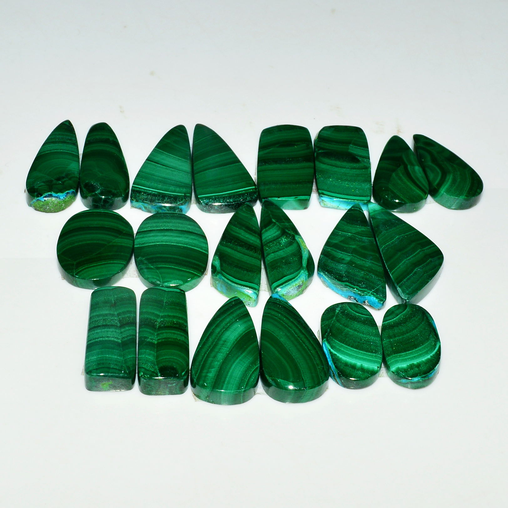 10 Pairs 253Cts Natural Malachite Loose Gemstone Cabochon Pair Lot for Silver Earrings 25x10 15x9mm 19072