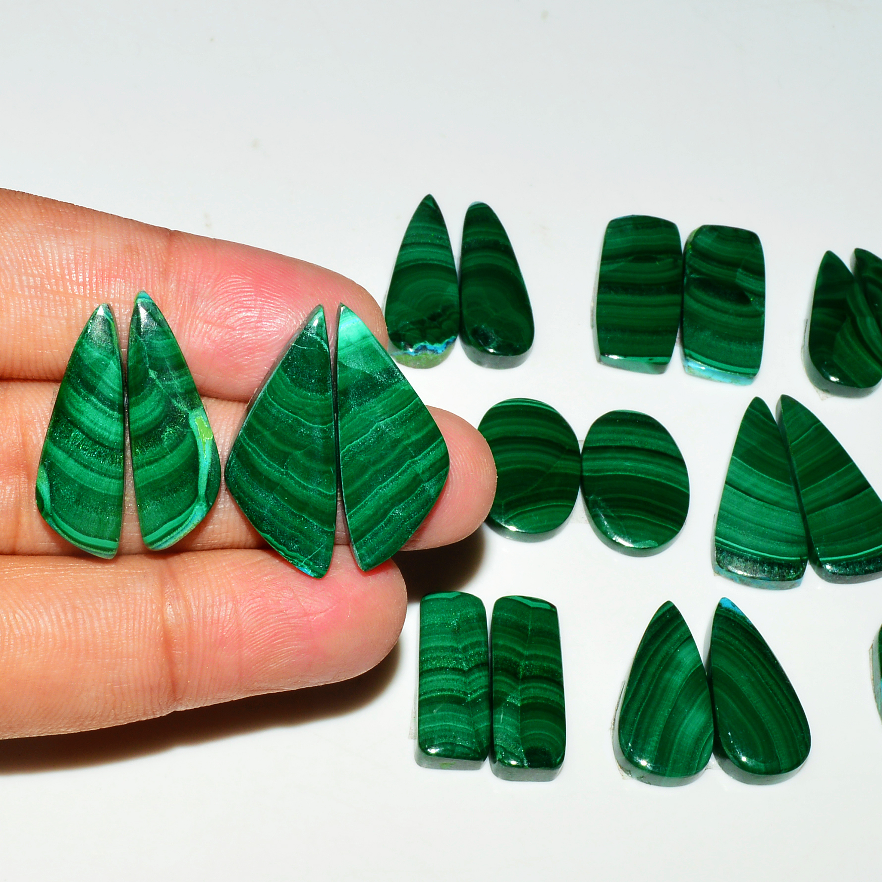 10 Pairs 253Cts Natural Malachite Loose Gemstone Cabochon Pair Lot for Silver Earrings 25x10  15x9mm 19072