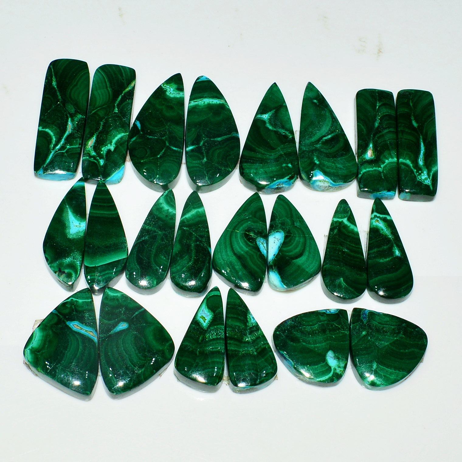 11 Pairs 284Cts Natural Malachite Loose Gemstone Cabochon Pair Lot for Silver Earrings 25x8 15x14mm 19073