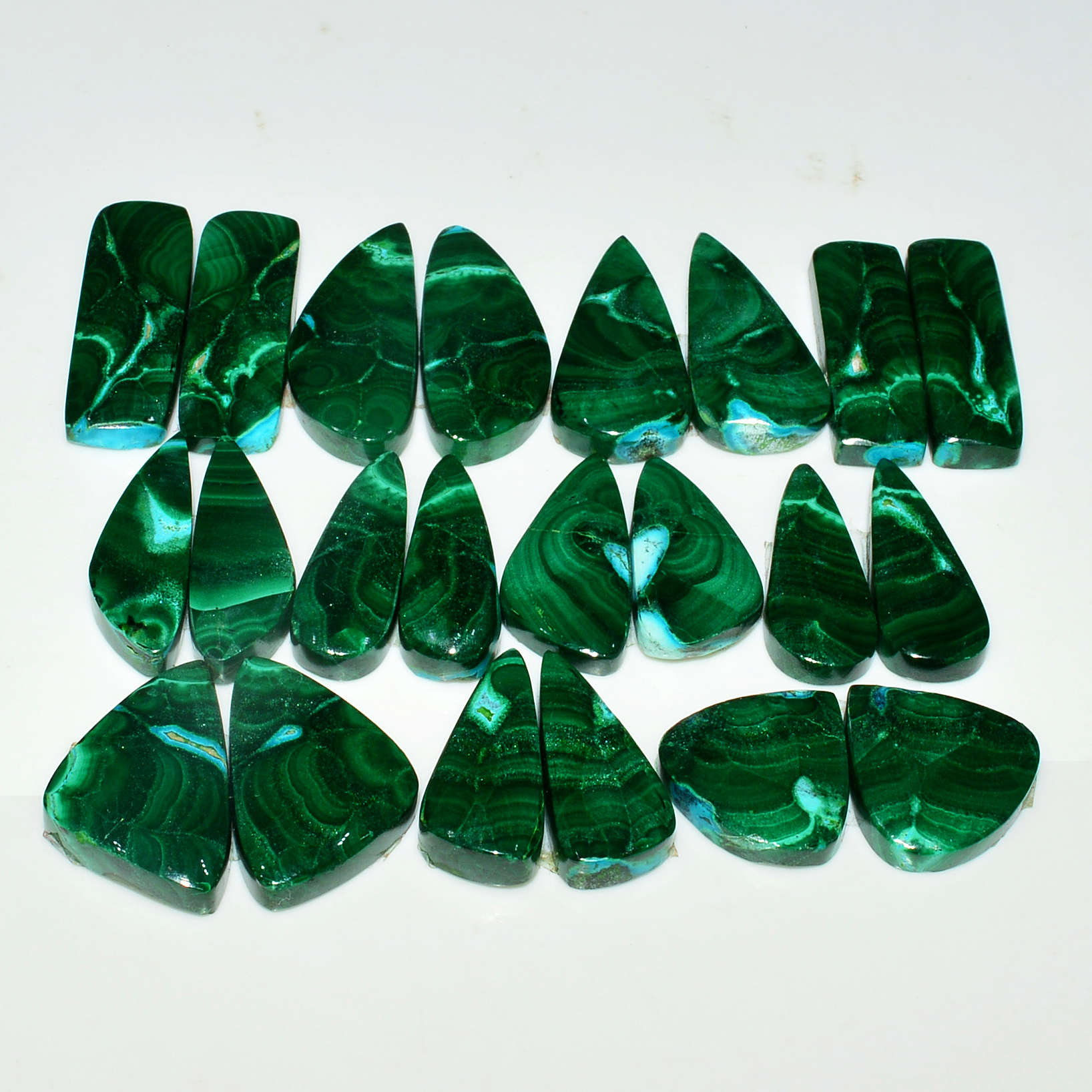 11 Pairs 284Cts Natural Malachite Loose Gemstone Cabochon Pair Lot for Silver Earrings 25x8 15x14mm 19073