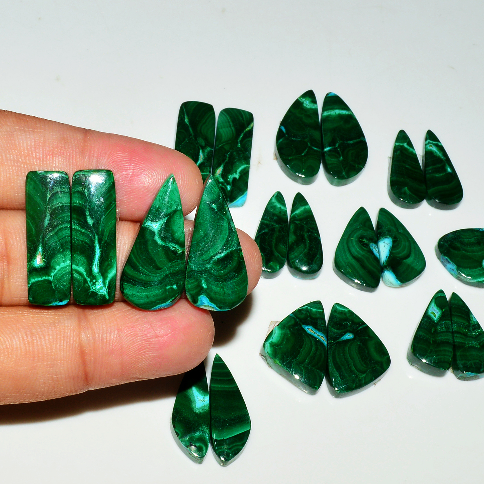 11 Pairs 284Cts Natural Malachite Loose Gemstone Cabochon Pair Lot for Silver Earrings 25x8 15x14mm 19073