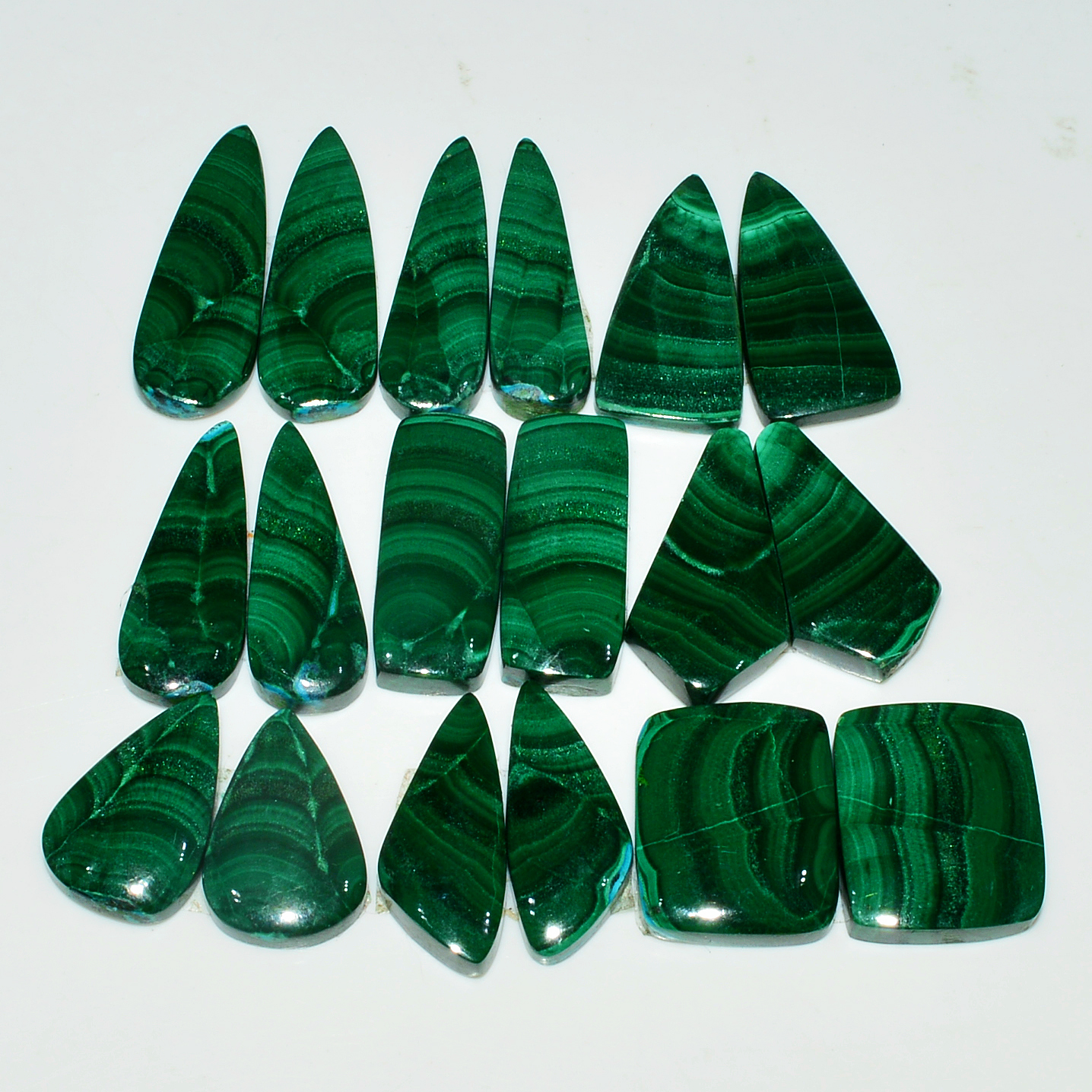 9 Pairs 246Cts Natural Malachite Loose Gemstone Cabochon Pair Lot for Silver Earrings 25x7 17x10mm 19074