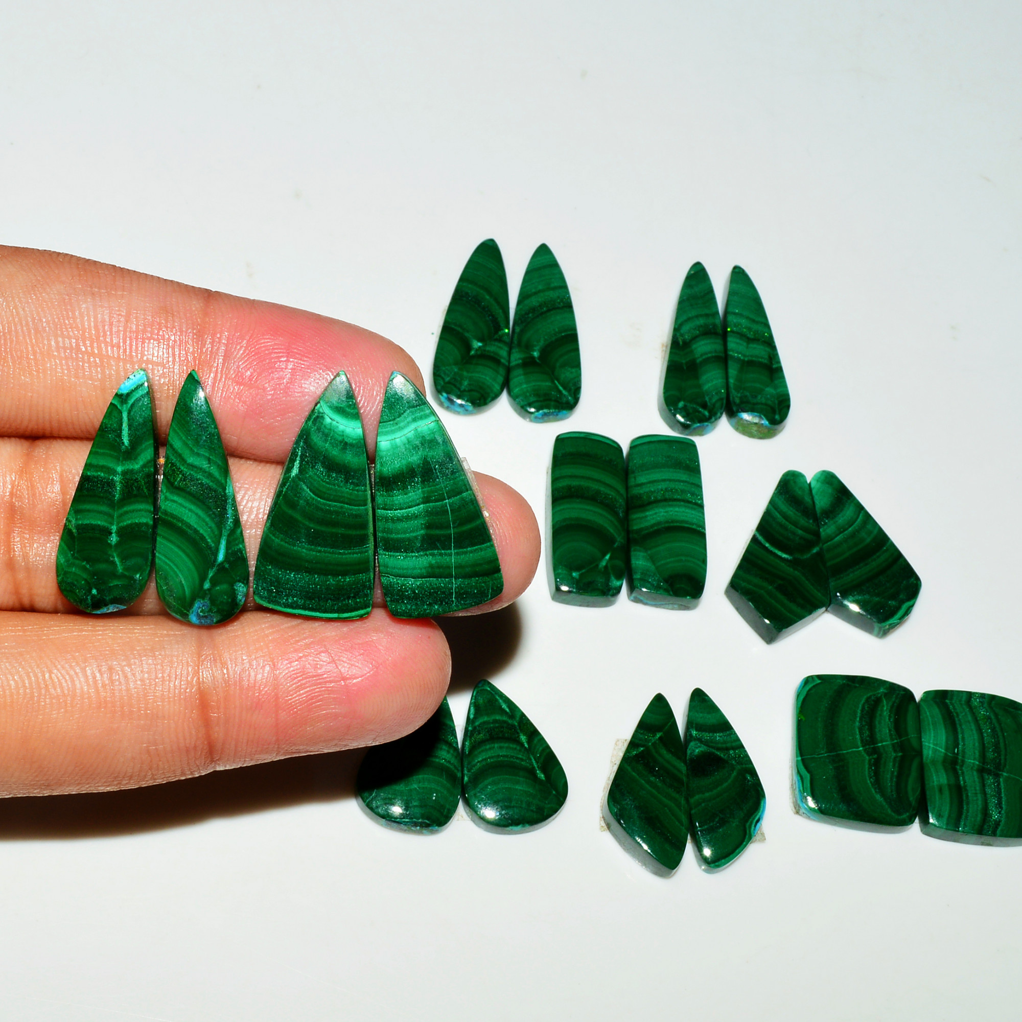 9 Pairs 246Cts Natural Malachite Loose Gemstone Cabochon Pair Lot for Silver Earrings 25x7 17x10mm 19074